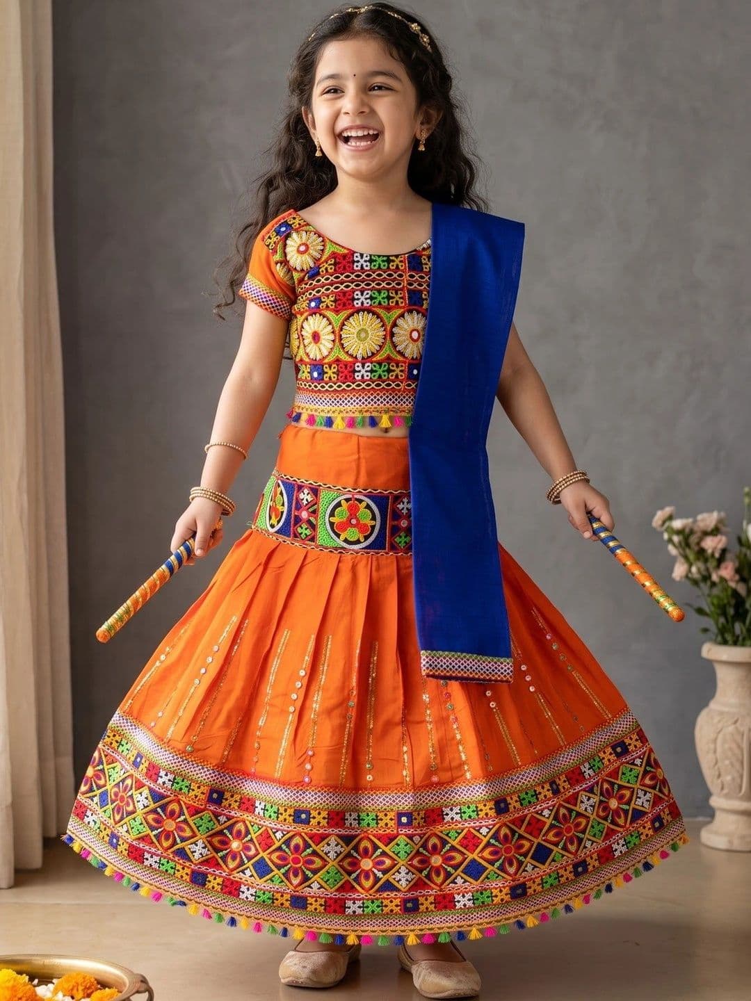 ahhaaaa Girls Embroidered Mirror Work Ready to Wear Lehenga & Blouse With Dupatta thumbnail 6