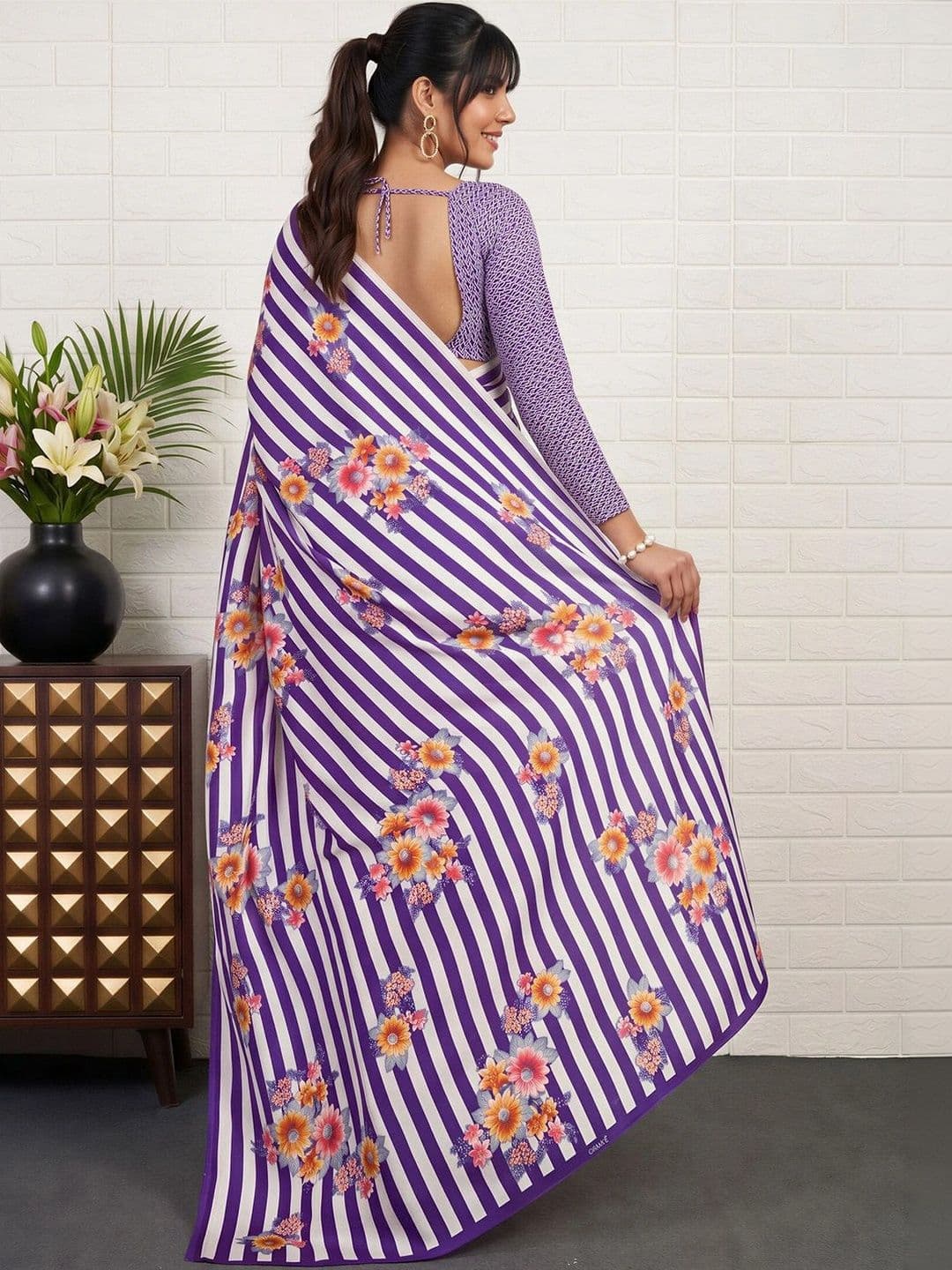 Anouk Floral Satin Designer Leheriya Saree thumbnail 3