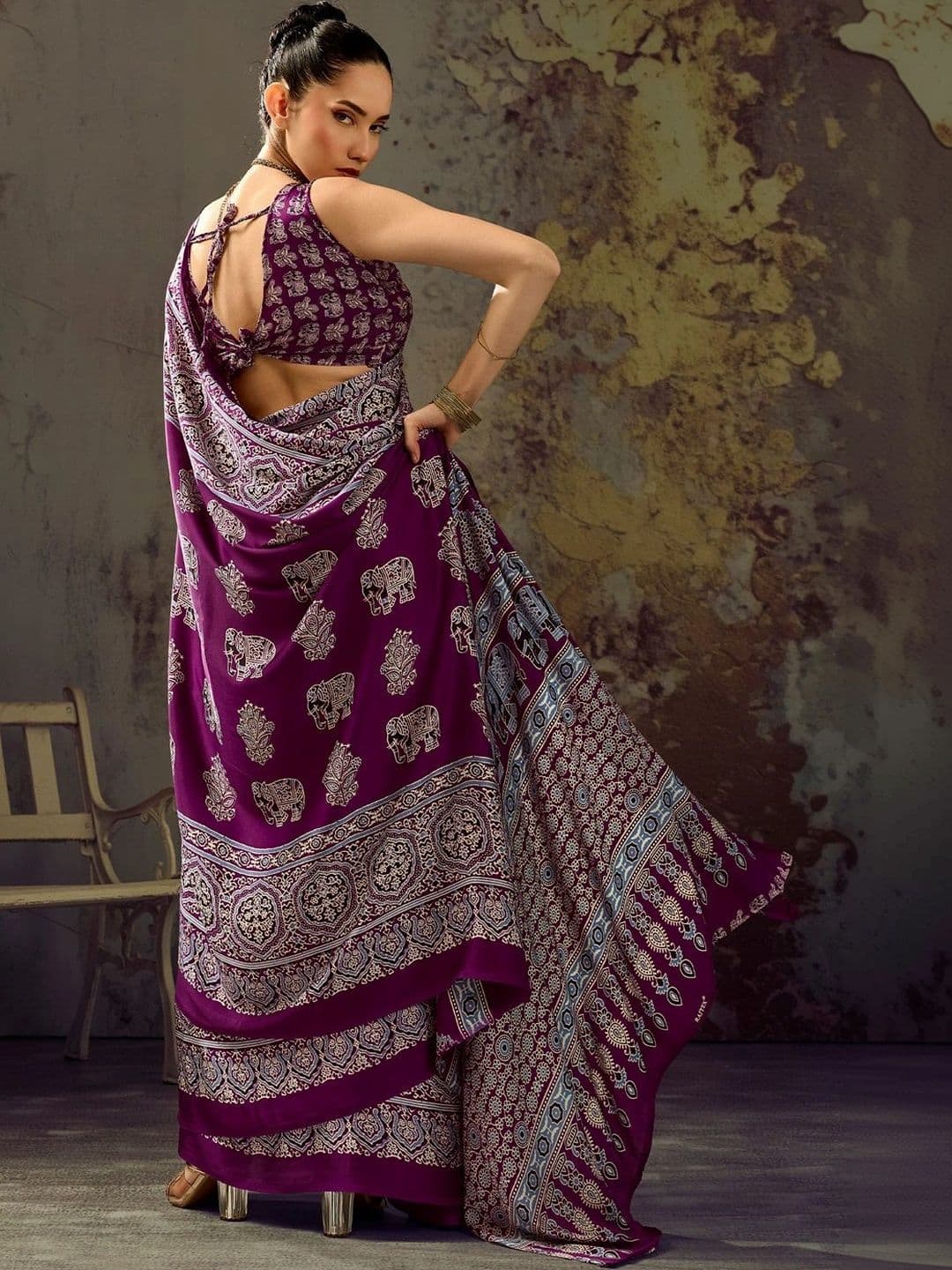 Sangria Ajrak Block Satin Designer Block Print Saree thumbnail 2