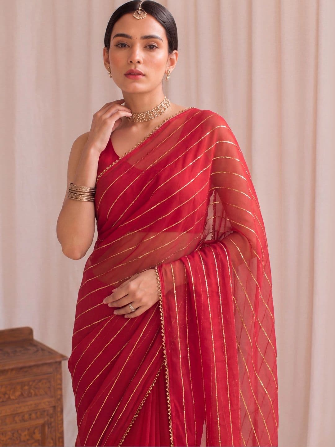 House of Pataudi Striped Zari Poly Georgette Designer Saree thumbnail 4