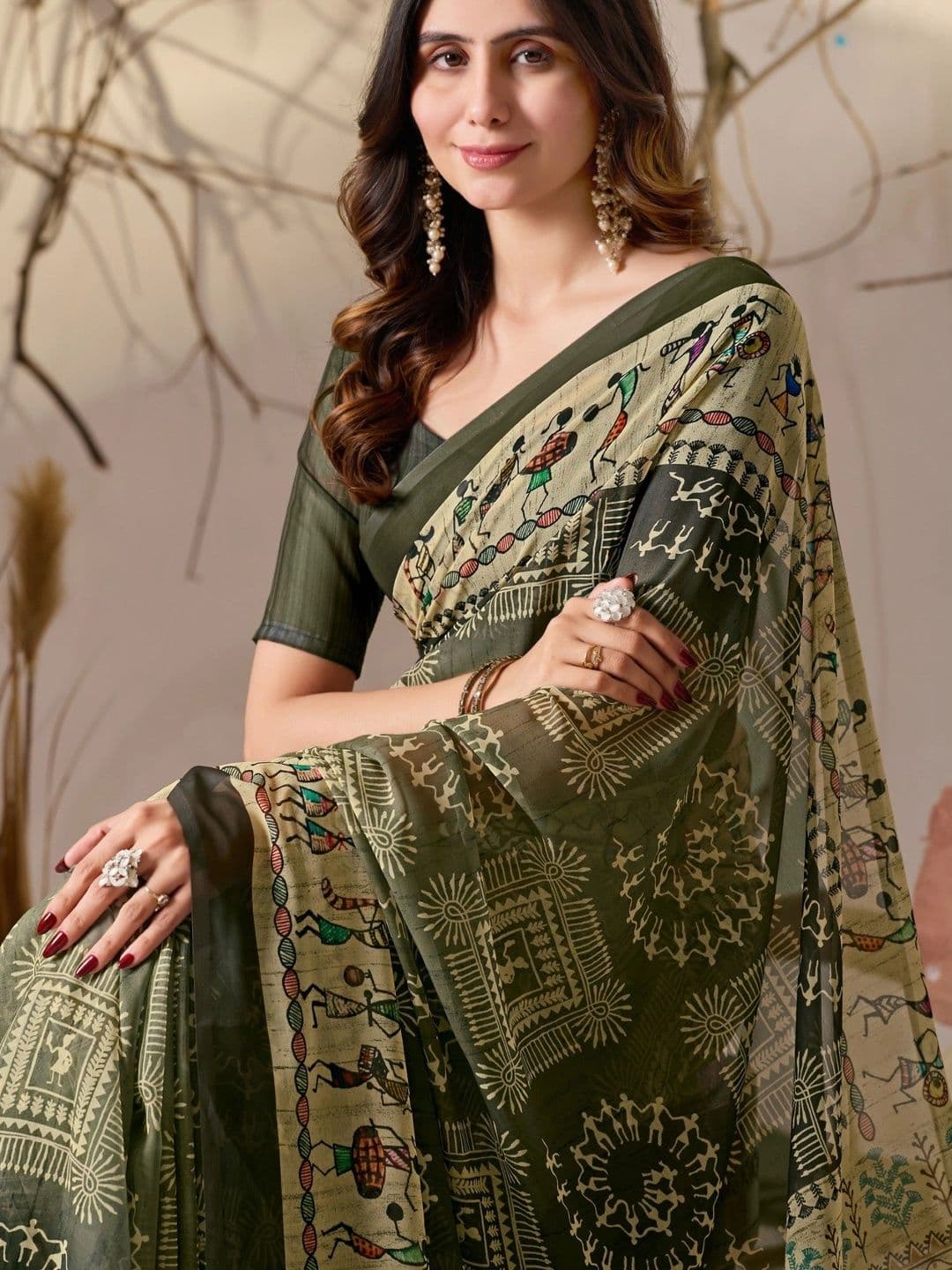 Moda Rapido Warli Poly Georgette Designer Saree thumbnail 5