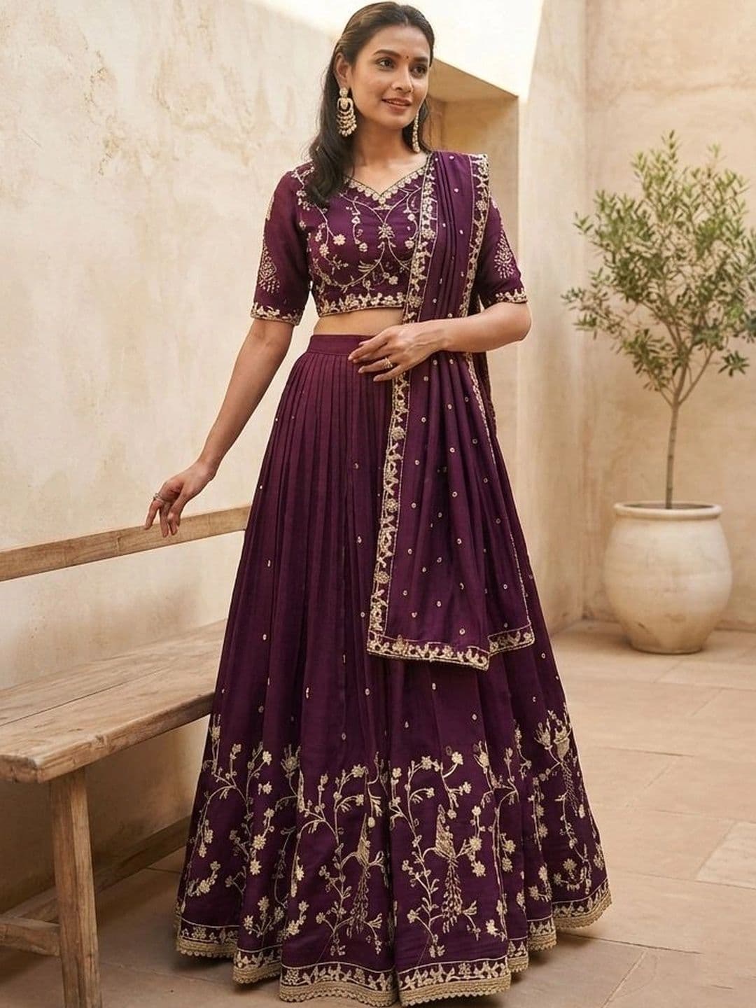 HERE&NOW Embroidered Thread Work Semi-Stitched Lehenga & Blouse With Dupatta - view 1