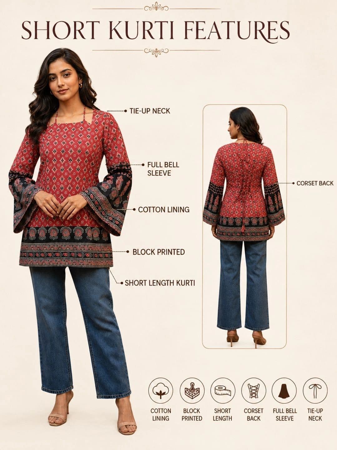 Sun Fashion And Lifestyle Women Ethnic Motifs Printed Bell Sleeves Kurta thumbnail 5