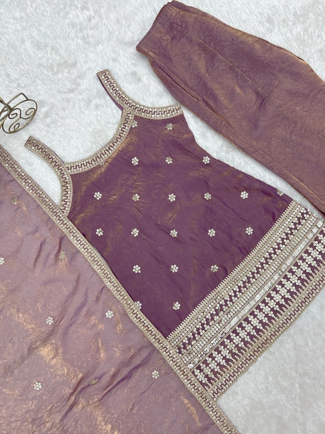 Urban Nakhre Women Ethnic Motifs Embroidered Regular Sequinned Pure Silk Kurta with Sharara & With Dupatta thumbnail 3