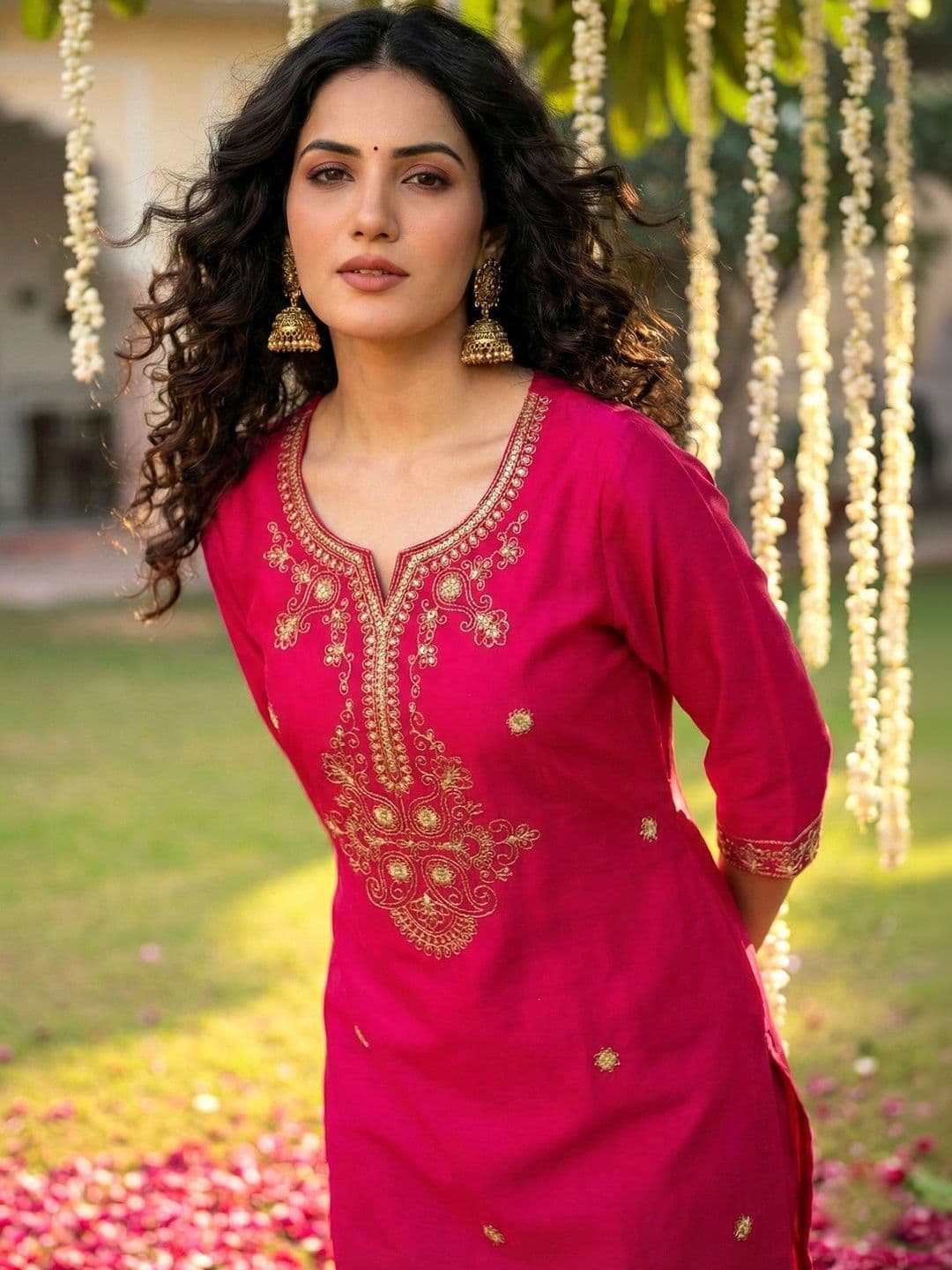 SHRI VANYA CREATION Women Ethnic Motifs Embroidered Regular Chanderi Silk Kurta with Trousers & With Dupatta thumbnail 2
