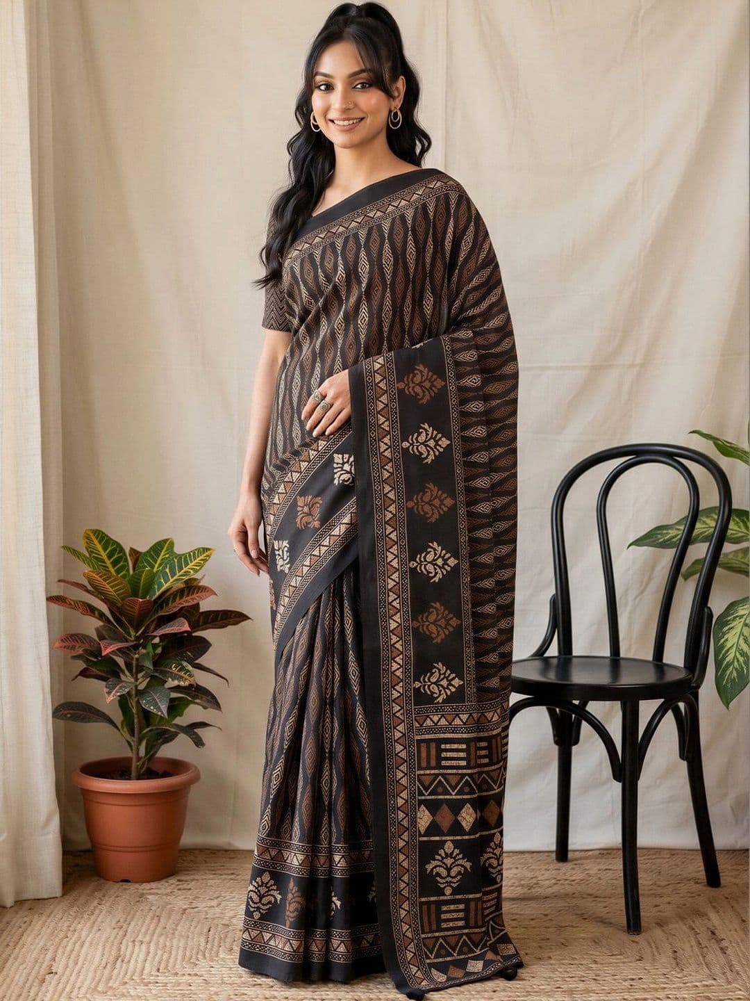 Anouk Batik Silk Blend Designer Block Print Saree - view 1