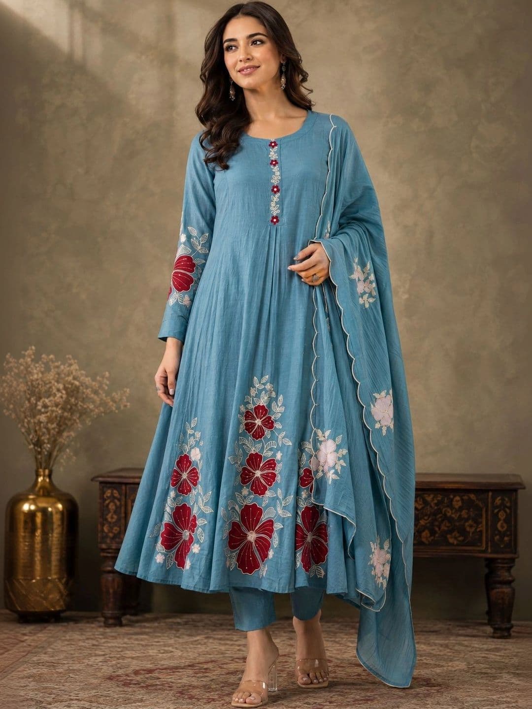 Sangria Women Floral Embroidered Regular Thread Work Kurta with Trousers & With Dupatta - view 1