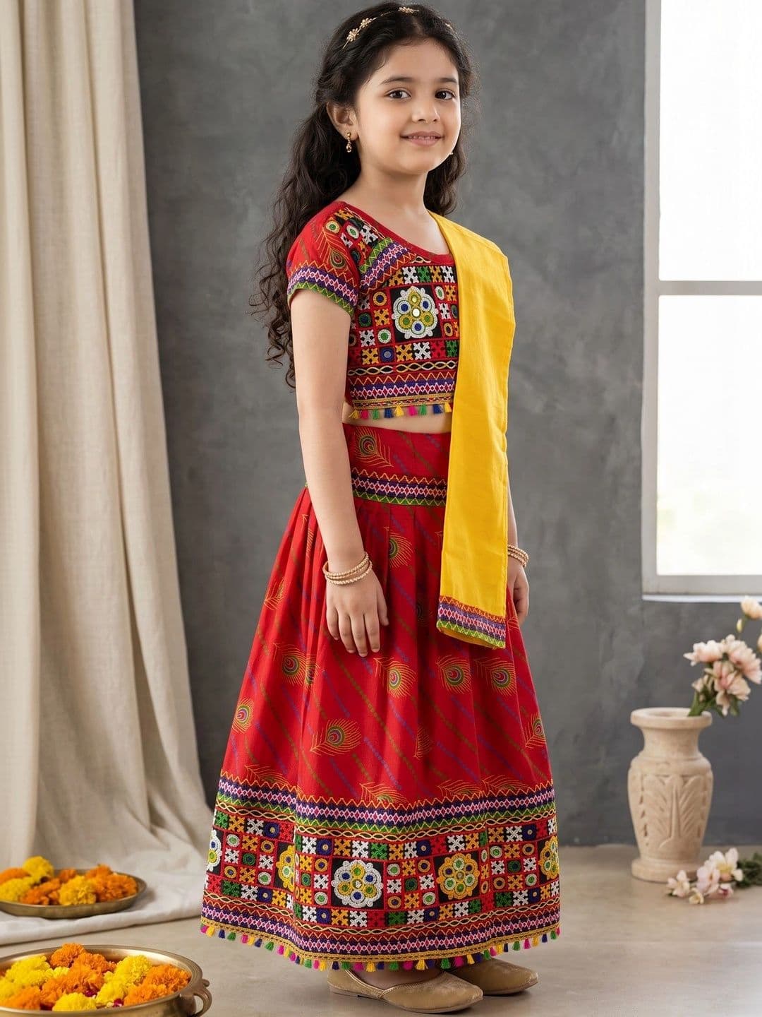 ahhaaaa Girls Embroidered Mirror Work Ready to Wear Lehenga & Blouse With Dupatta thumbnail 4