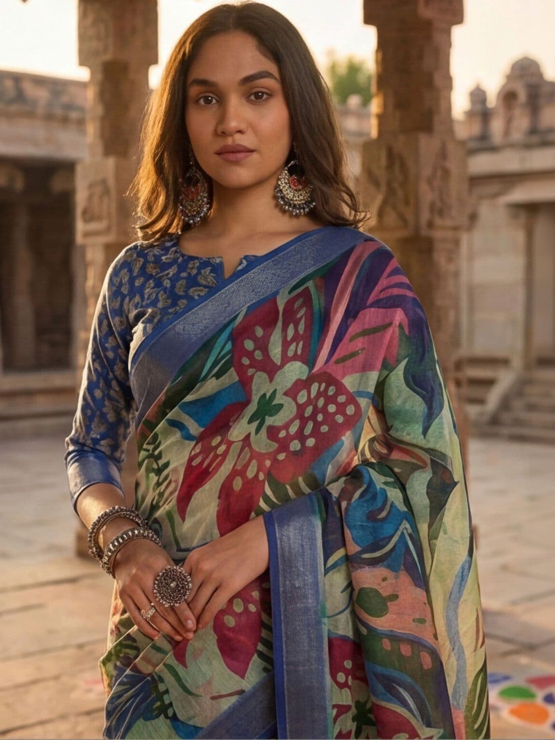 Anouk Rustic Floral Zari Pure Linen Designer Khadi Saree thumbnail 5