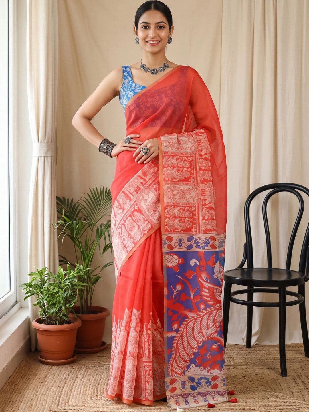 Sangria Kalamkari Designer Block Print Saree thumbnail 6