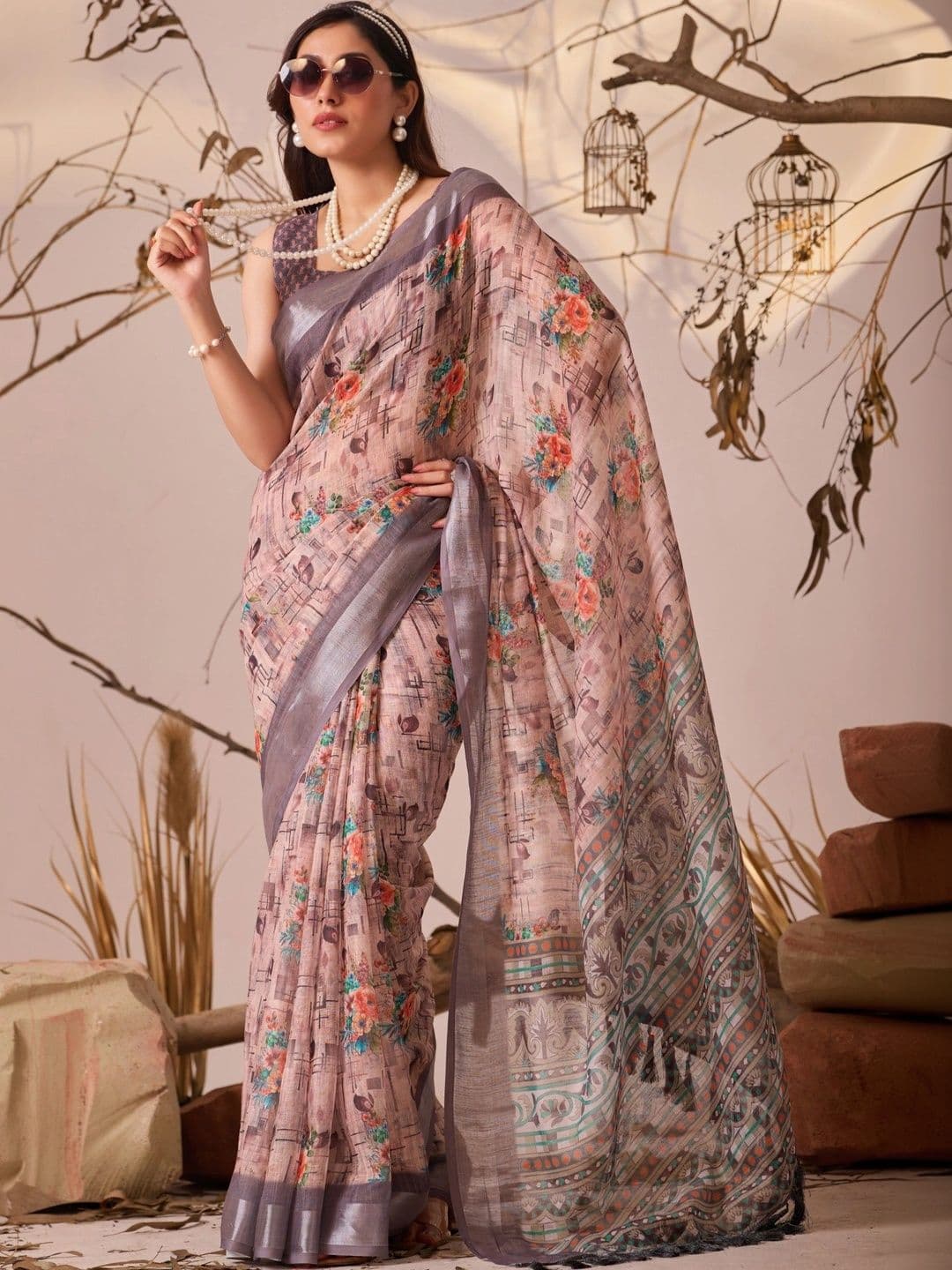 Moda Rapido Floral Linen Blend Designer Patola Saree thumbnail 7