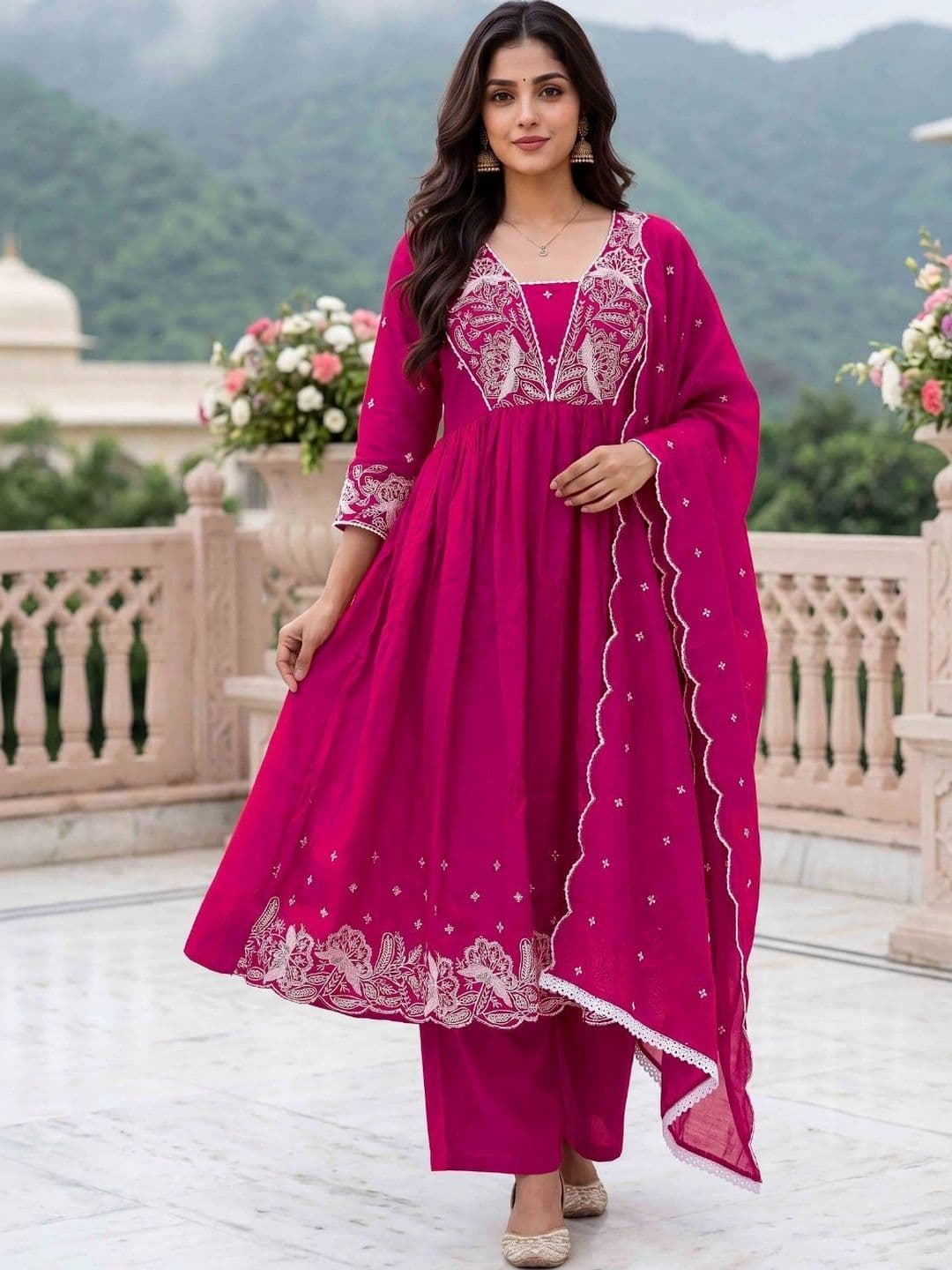 Moda Rapido Women Ethnic  Empire Thread Work Pure Silk Kurta with Trousers & With Dupatta - view 1