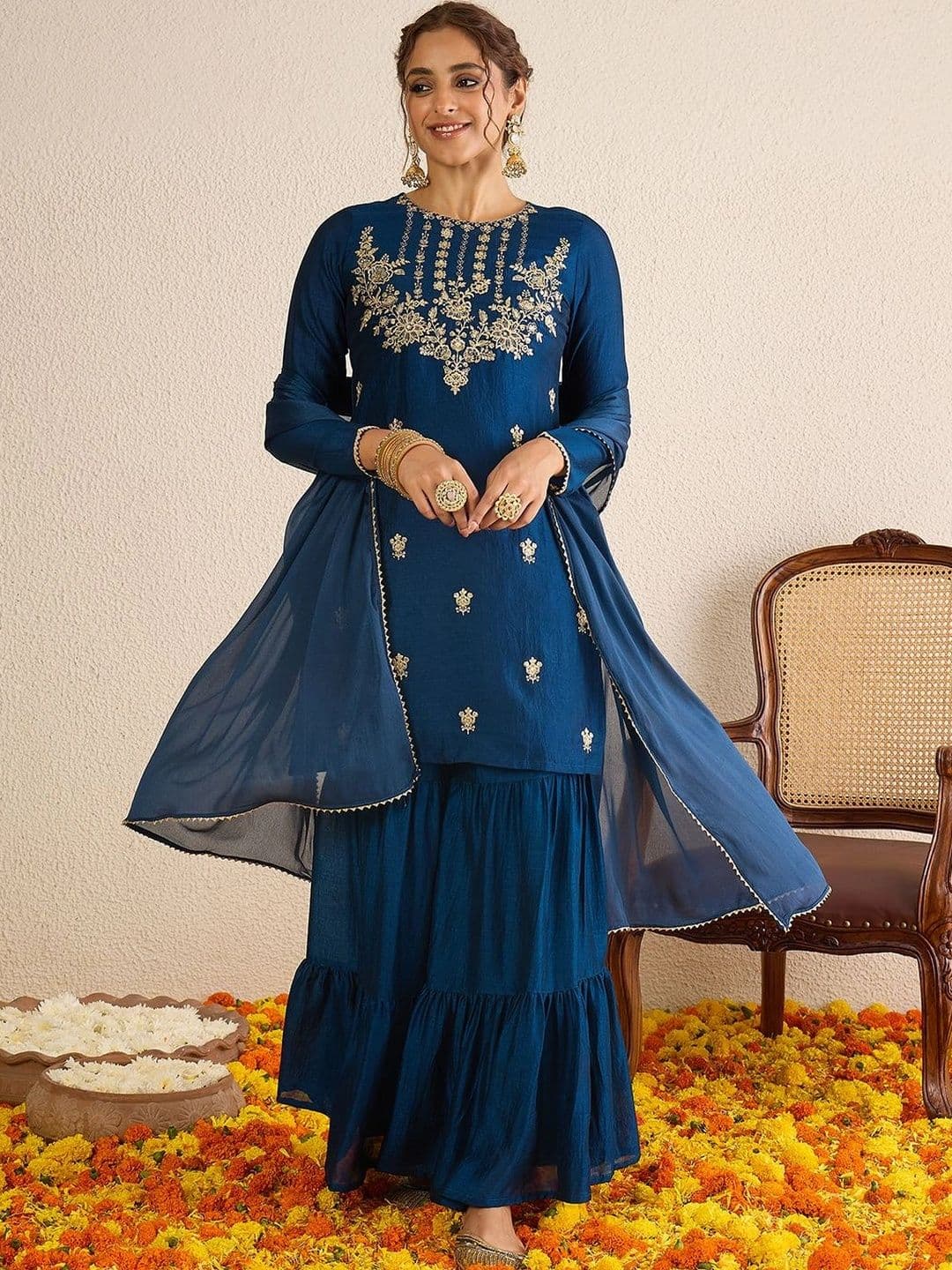 Janasya Blue Floral Embroidered Round Neck Sequinned Kurti With Sharara & Dupatta Kurta Set thumbnail 4