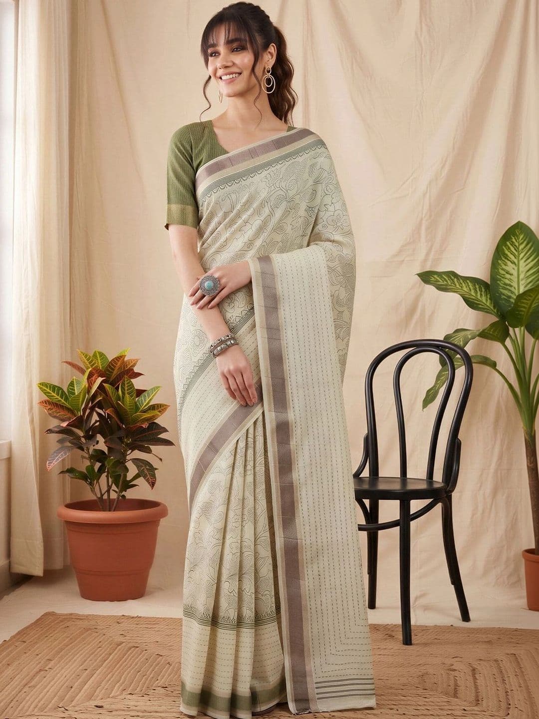 Anouk Striped Silk Cotton Designer Chanderi Saree - view 1