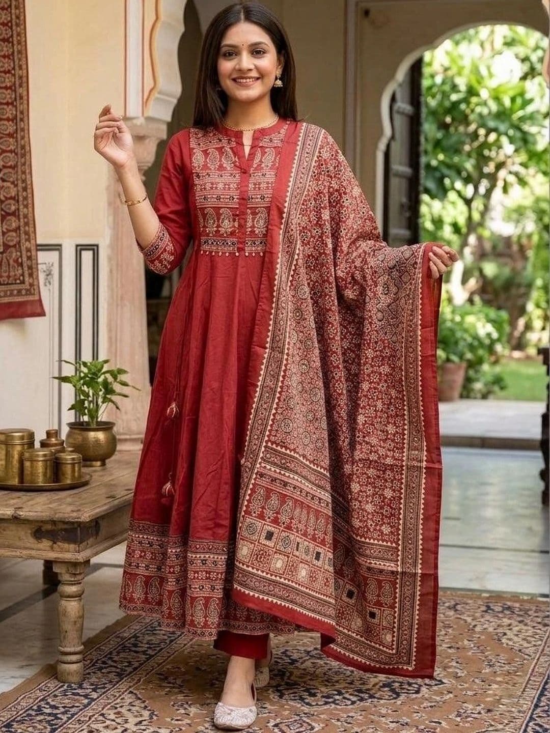 VASTRAPEDIA Women Ethnic Motifs Printed Regular Pure Cotton Kurta with Trousers & With Dupatta thumbnail 2