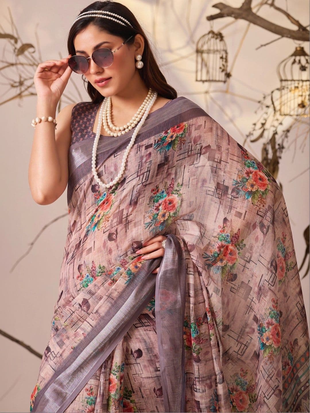 Moda Rapido Floral Linen Blend Designer Patola Saree thumbnail 3