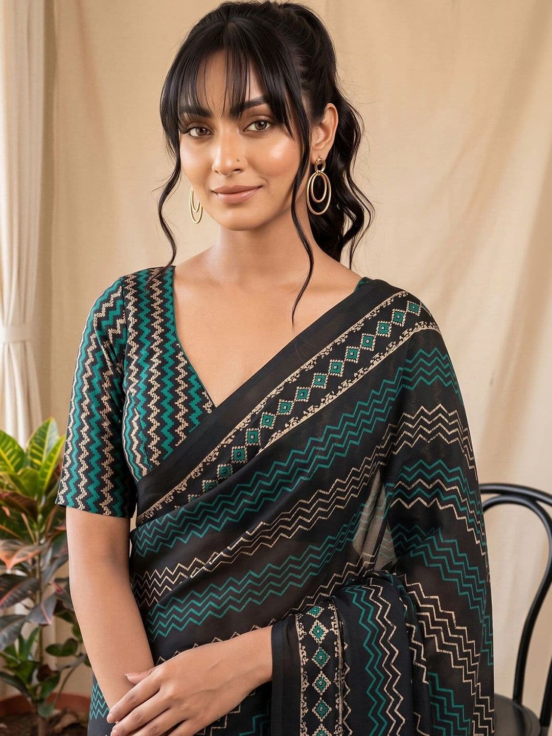 Anouk Batik Silk Blend Designer Block Print Saree thumbnail 4