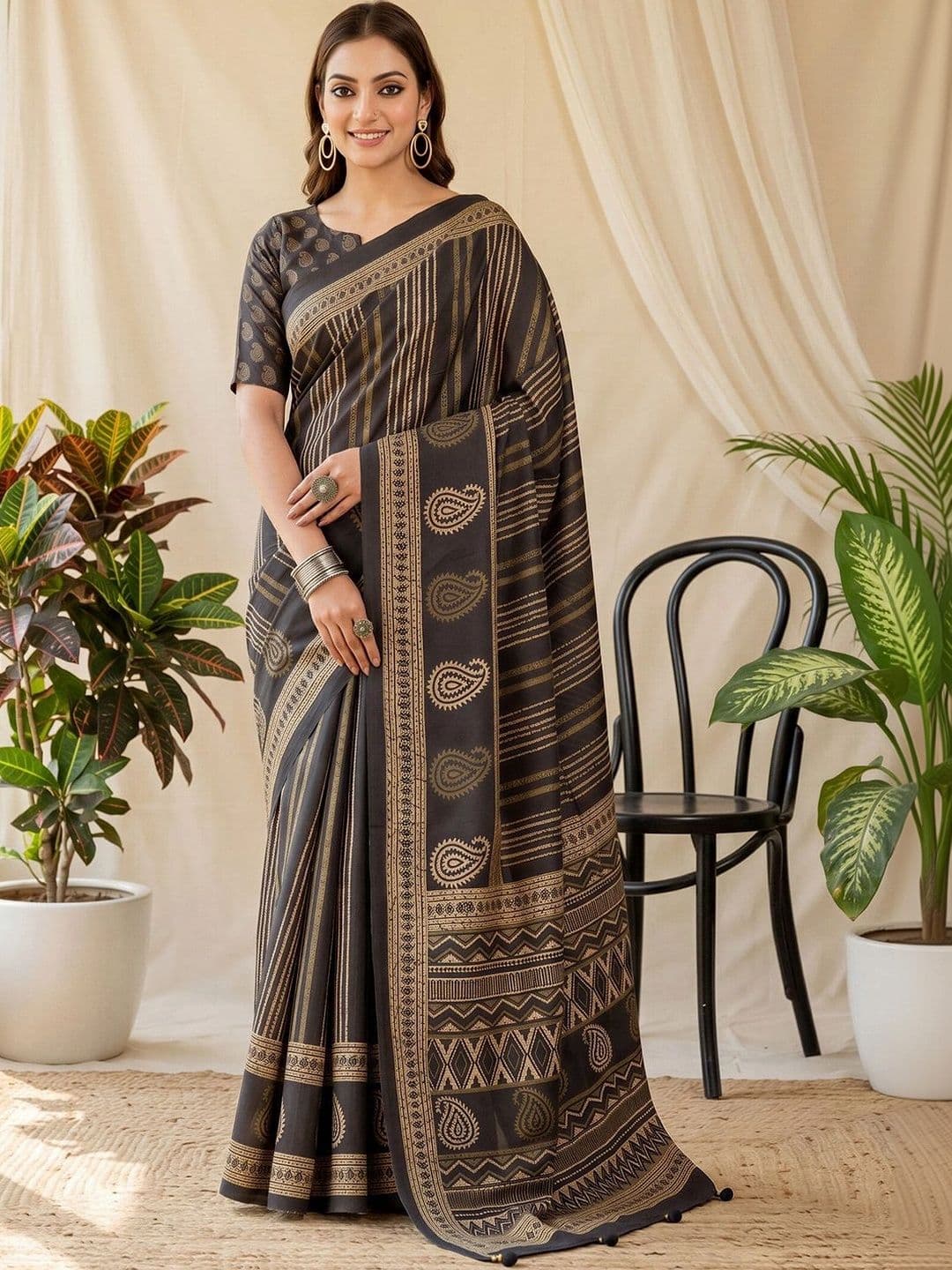 Anouk Striped Silk Blend Designer Block Print Saree thumbnail 6