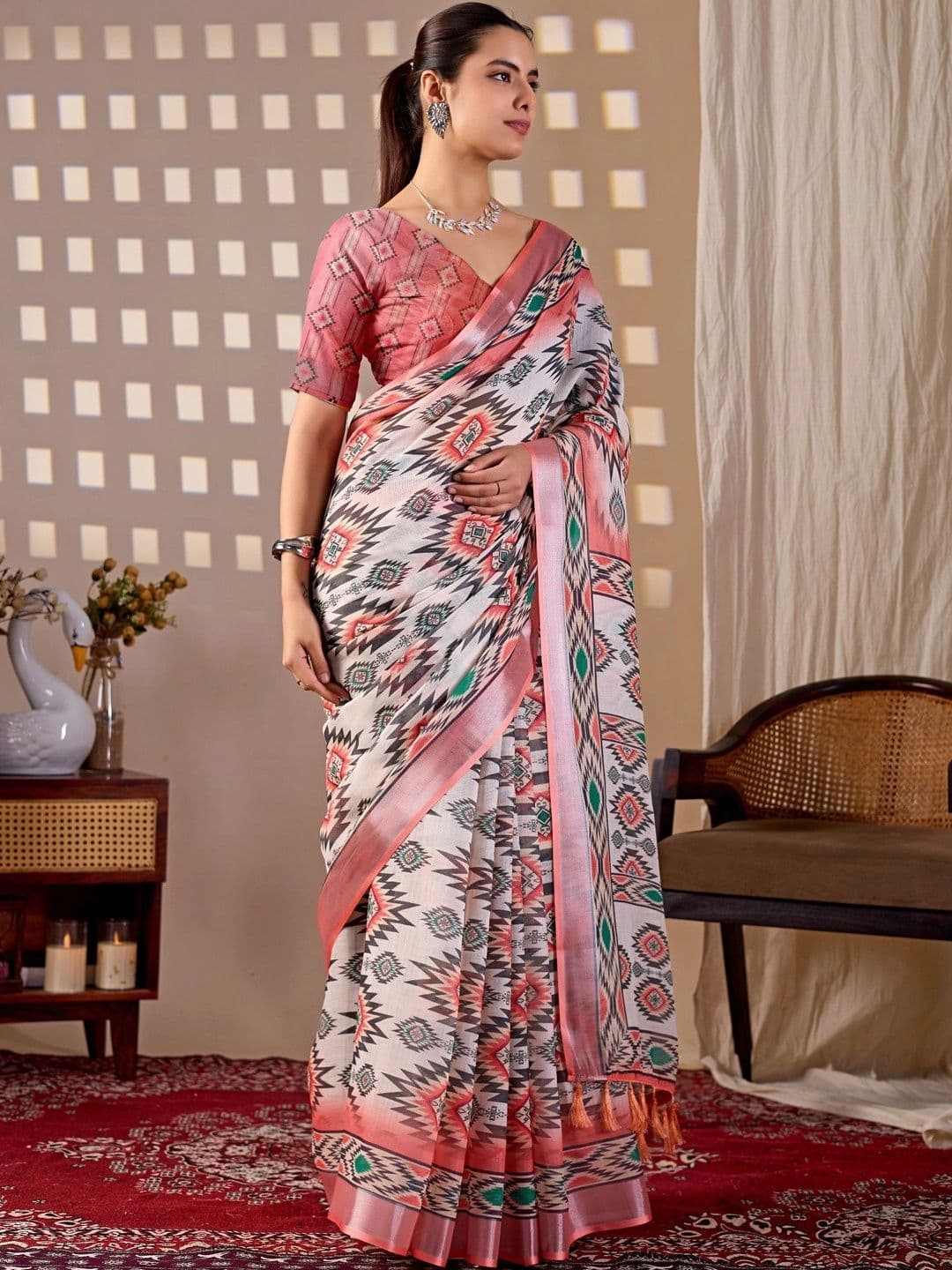 Moda Rapido Ethnic Motifs Zari Linen Blend Designer Saree thumbnail 5