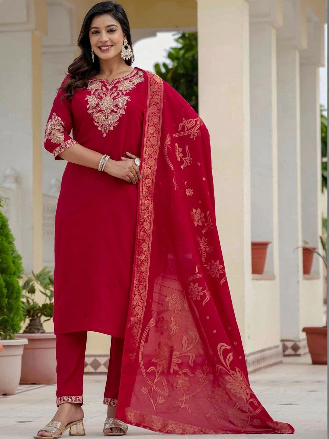 Sangria Women Ethnic Motifs Embroidered Regular Thread Work Kurta with Trousers & With Dupatta - view 1