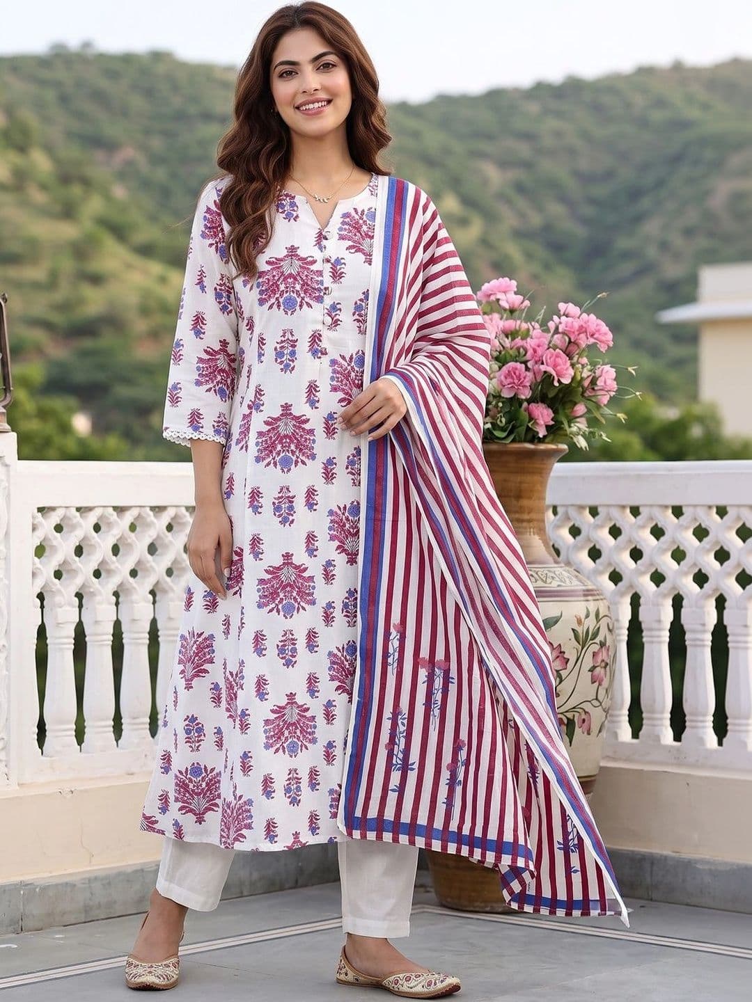 Jaitpuriya Women Ethnic Motifs Printed Regular Pure Cotton Kurta with Trousers & With Dupatta - view 1