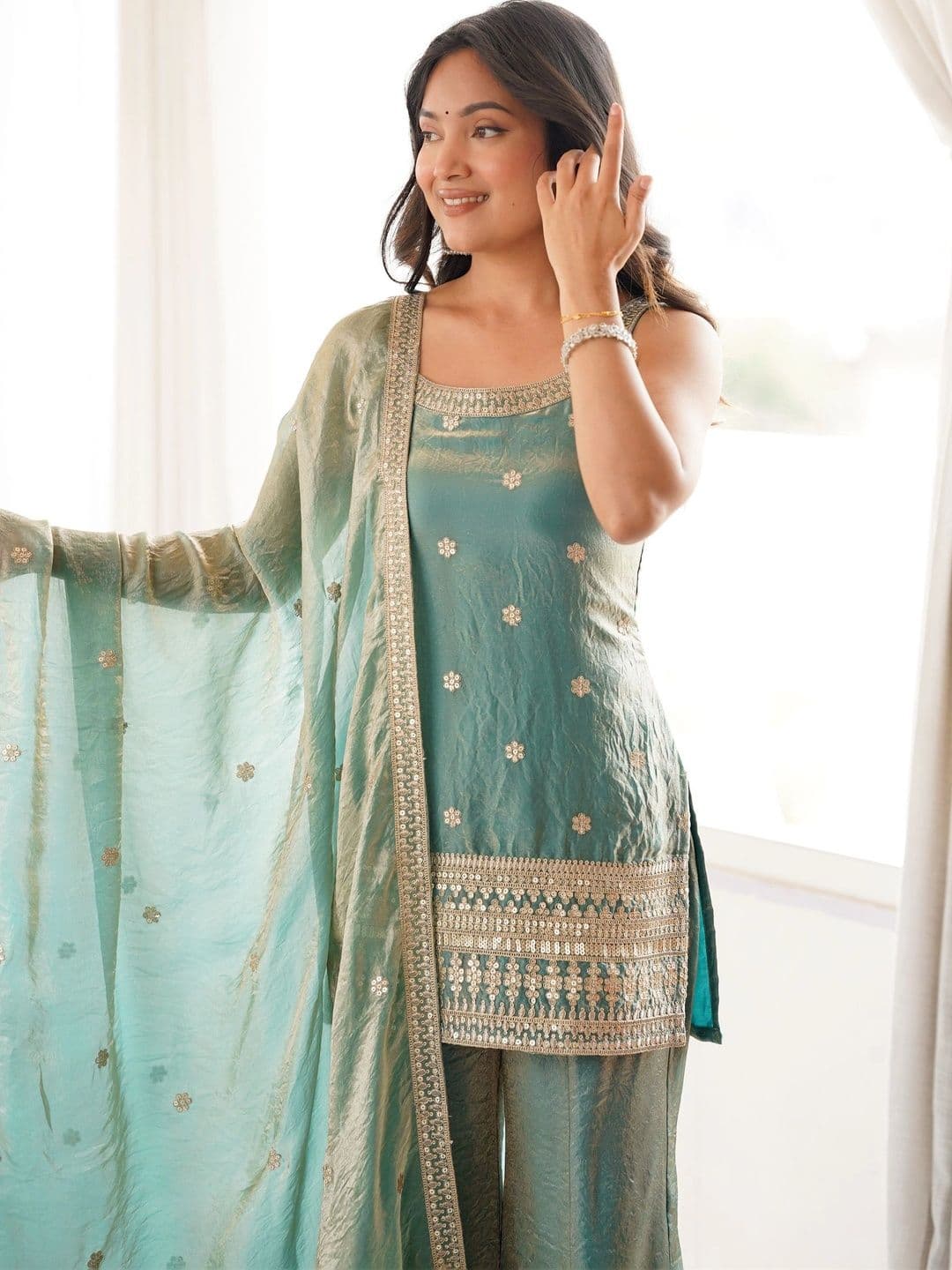 Kurtibella Women Ethnic Motifs Embroidered Regular Kurta with Sharara & With Dupatta thumbnail 6