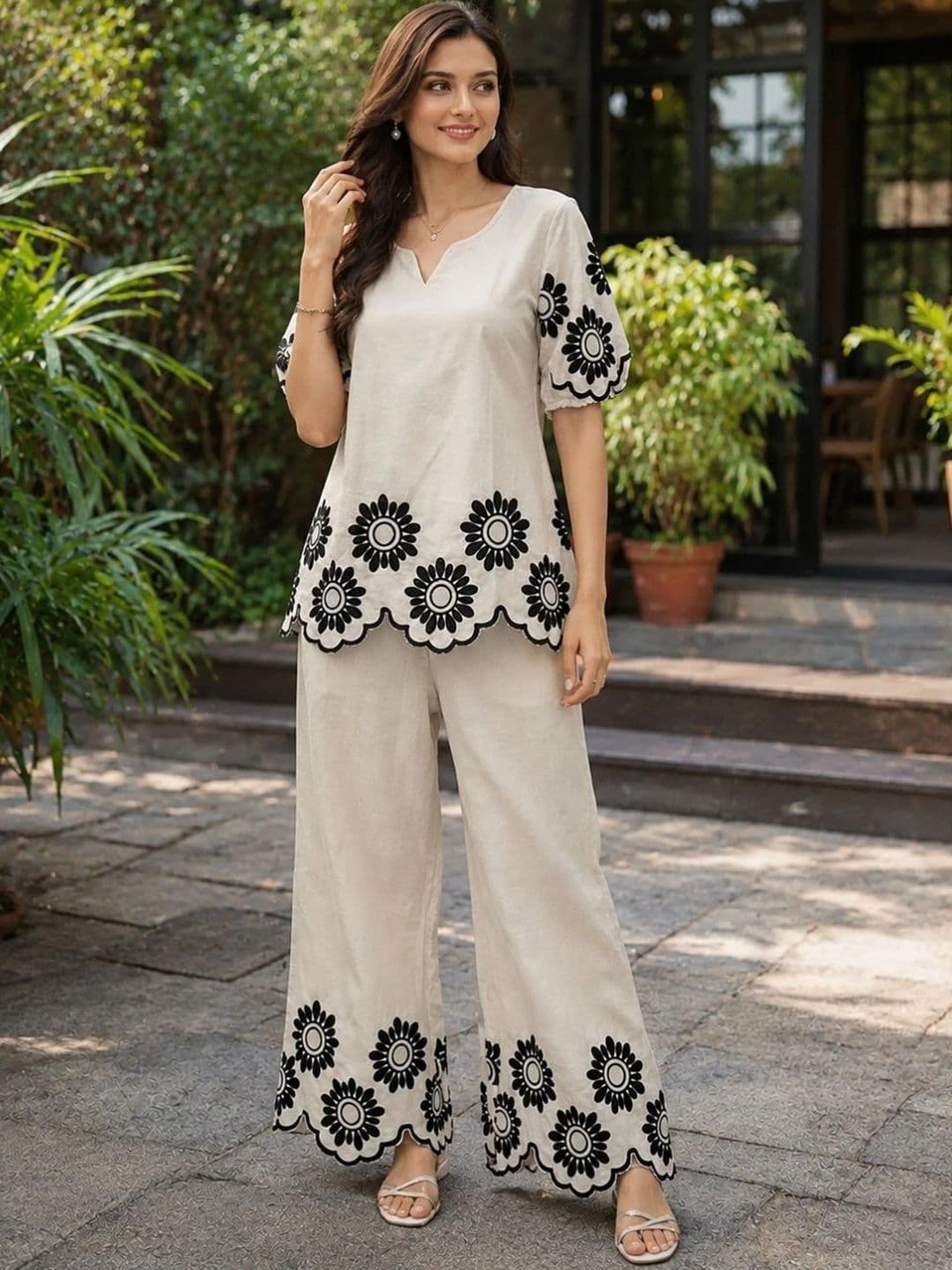 Moda Rapido Cotton Embroidered Top with Palazzos - view 1
