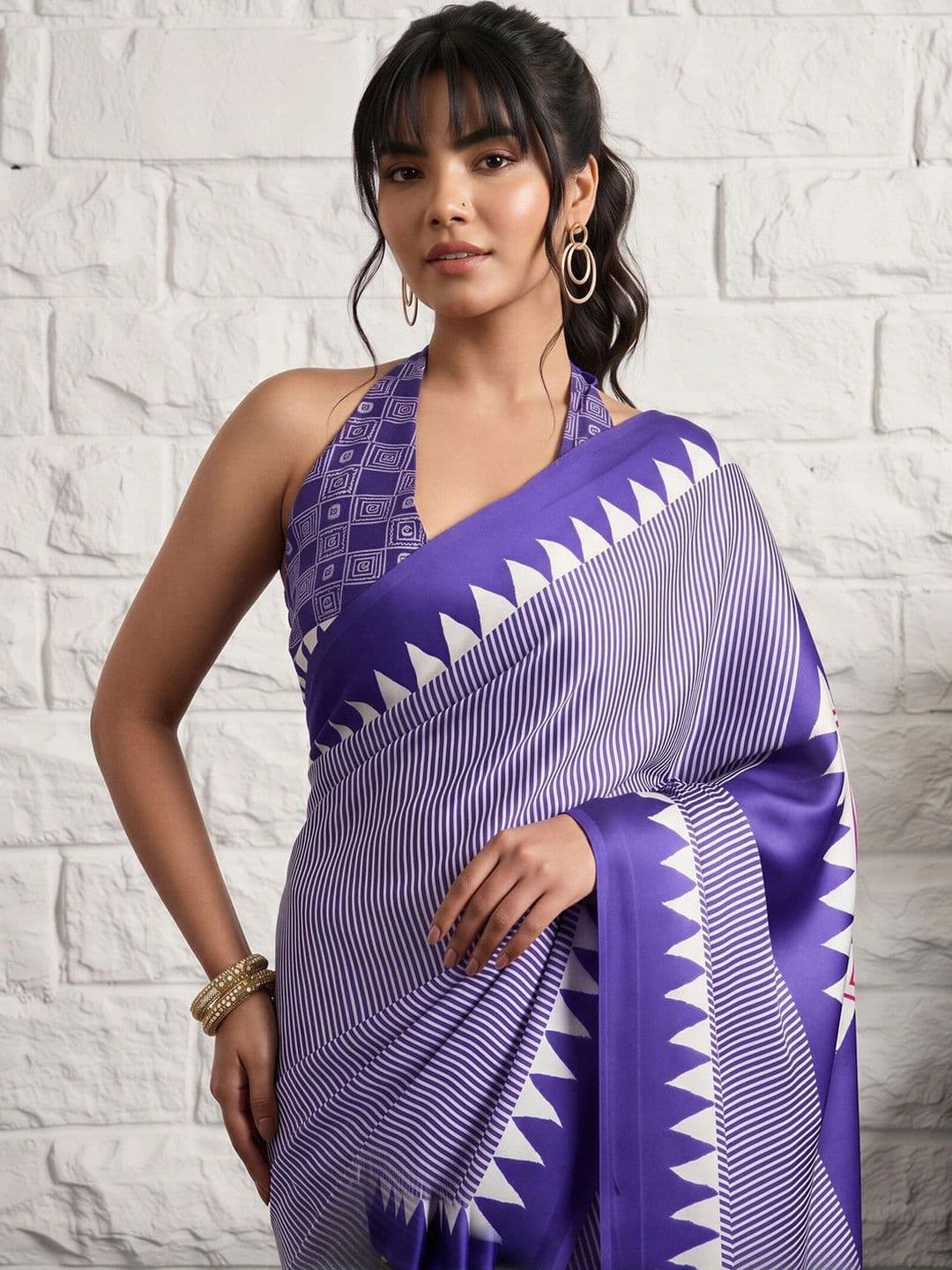 Anouk Striped Satin Designer Banarasi Saree thumbnail 2