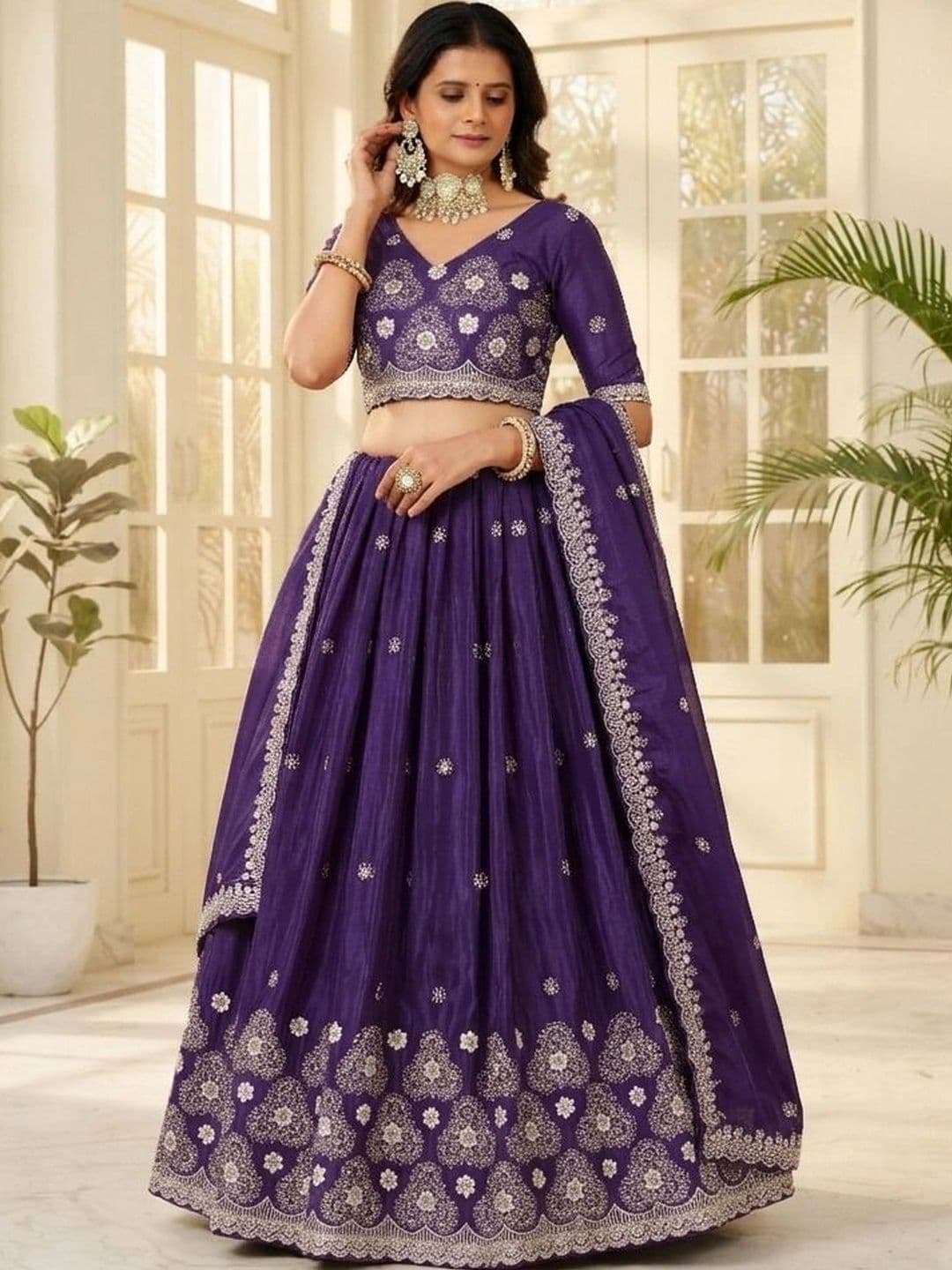 HERE&NOW Women Embroidered Thread Work Semi-Stitched Lehenga & Blouse With Dupatta - view 1