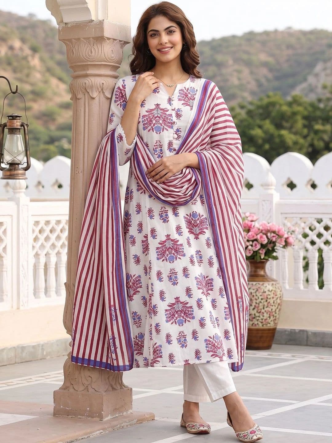 Jaitpuriya Women Ethnic Motifs Printed Regular Pure Cotton Kurta with Trousers & With Dupatta thumbnail 3
