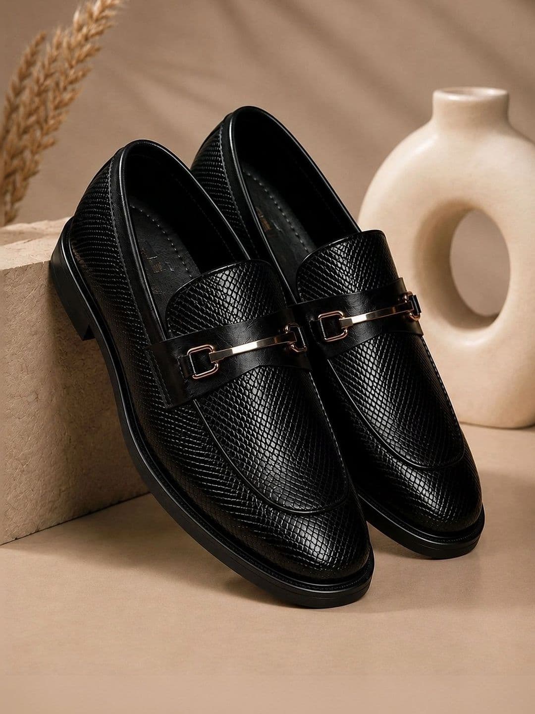 House of Pataudi Men Textured Round Toe Slip-On Loafers Formal Shoes - view 1