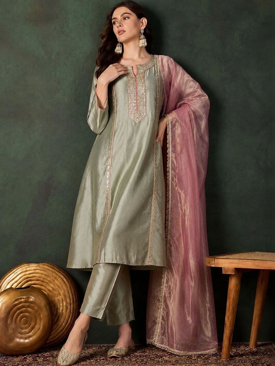 Sangria Women Ethnic Motifs Embroidered Regular Thread Work Kurta with Trousers & With Dupatta - view 1
