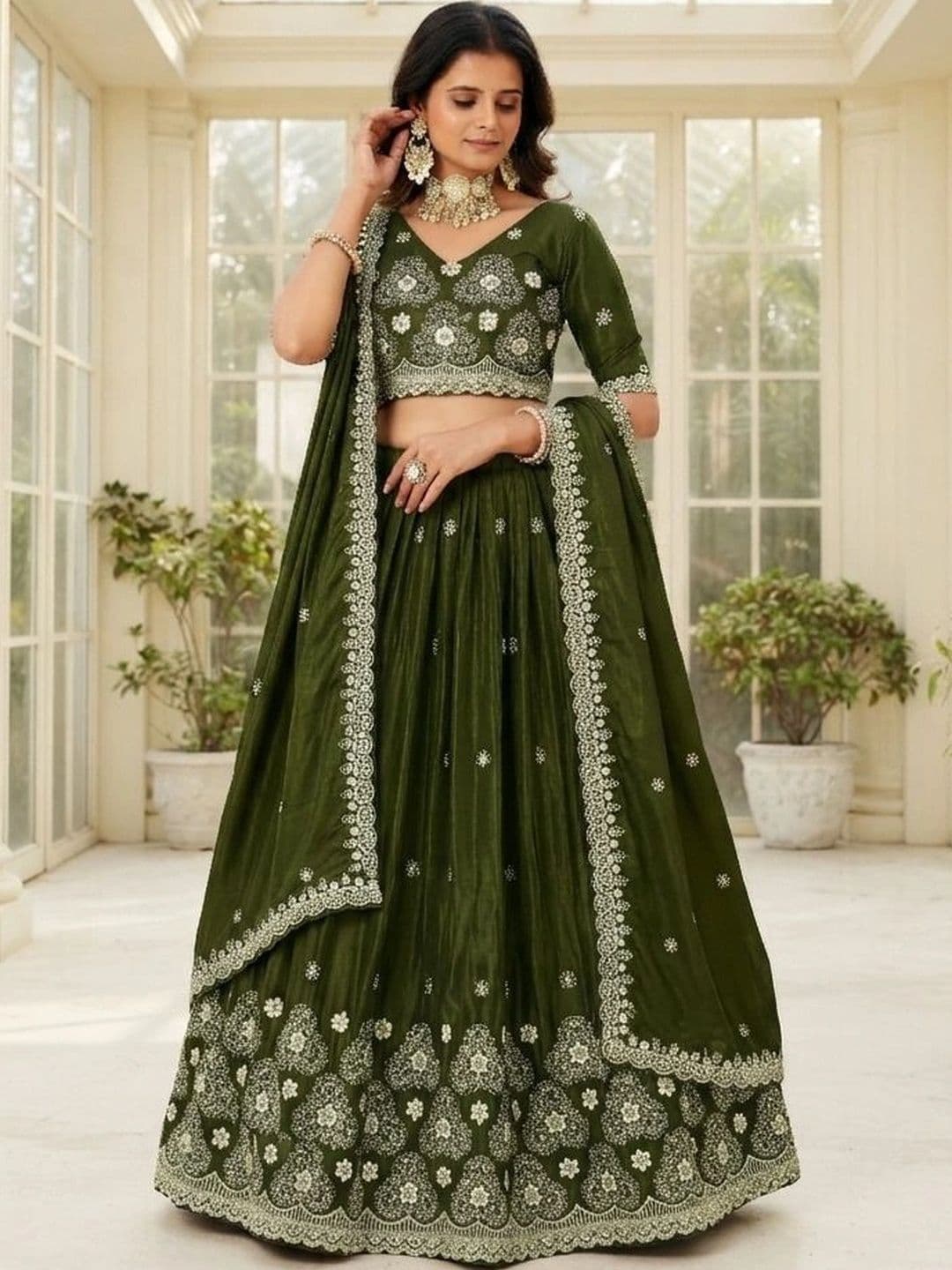 HERE&NOW Embellished Thread Work Semi-Stitched Lehenga & Blouse With Dupatta - view 1