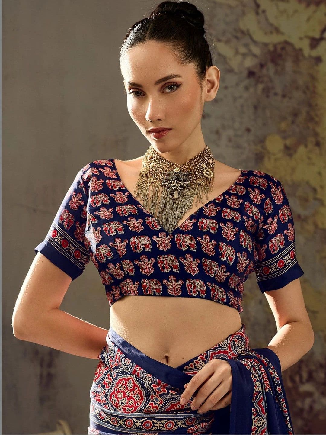 Sangria Ajrak Block Satin Designer Block Print Saree thumbnail 2