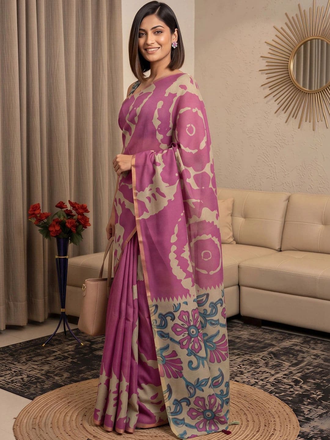 Sangria Floral Designer Block Print Saree thumbnail 3