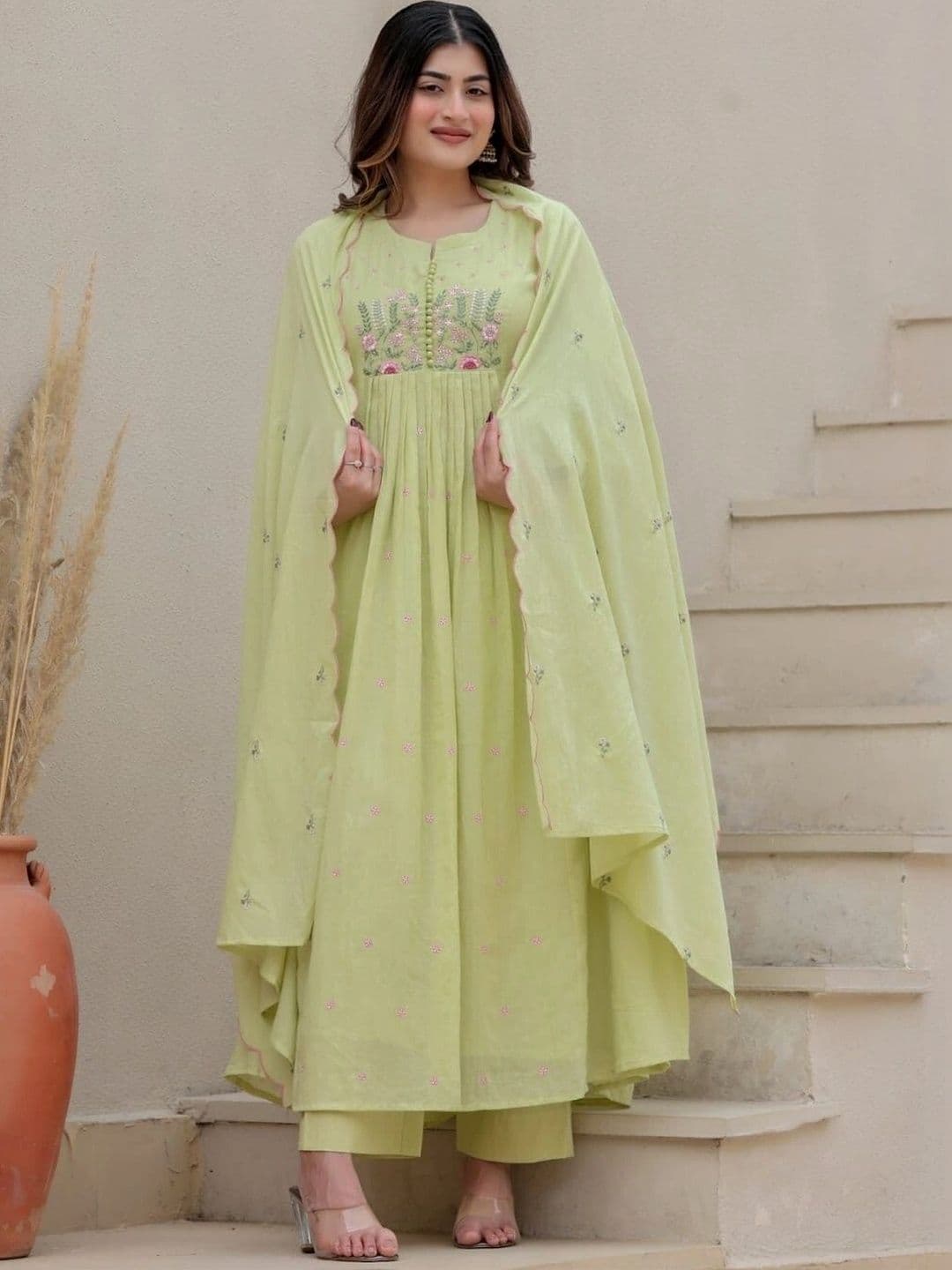MARIONETTEFASHION Women Floral Embroidered Empire Cotton Kurta with Trousers & Dupatta - view 1