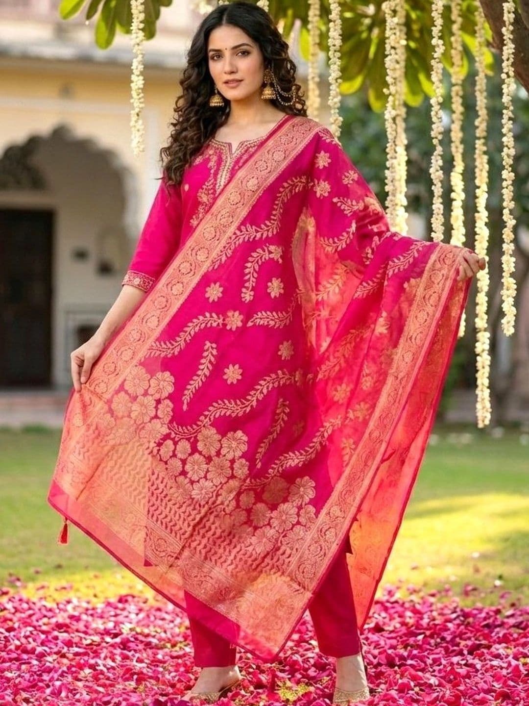 SHRI VANYA CREATION Women Ethnic Motifs Embroidered Regular Chanderi Silk Kurta with Trousers & With Dupatta thumbnail 6