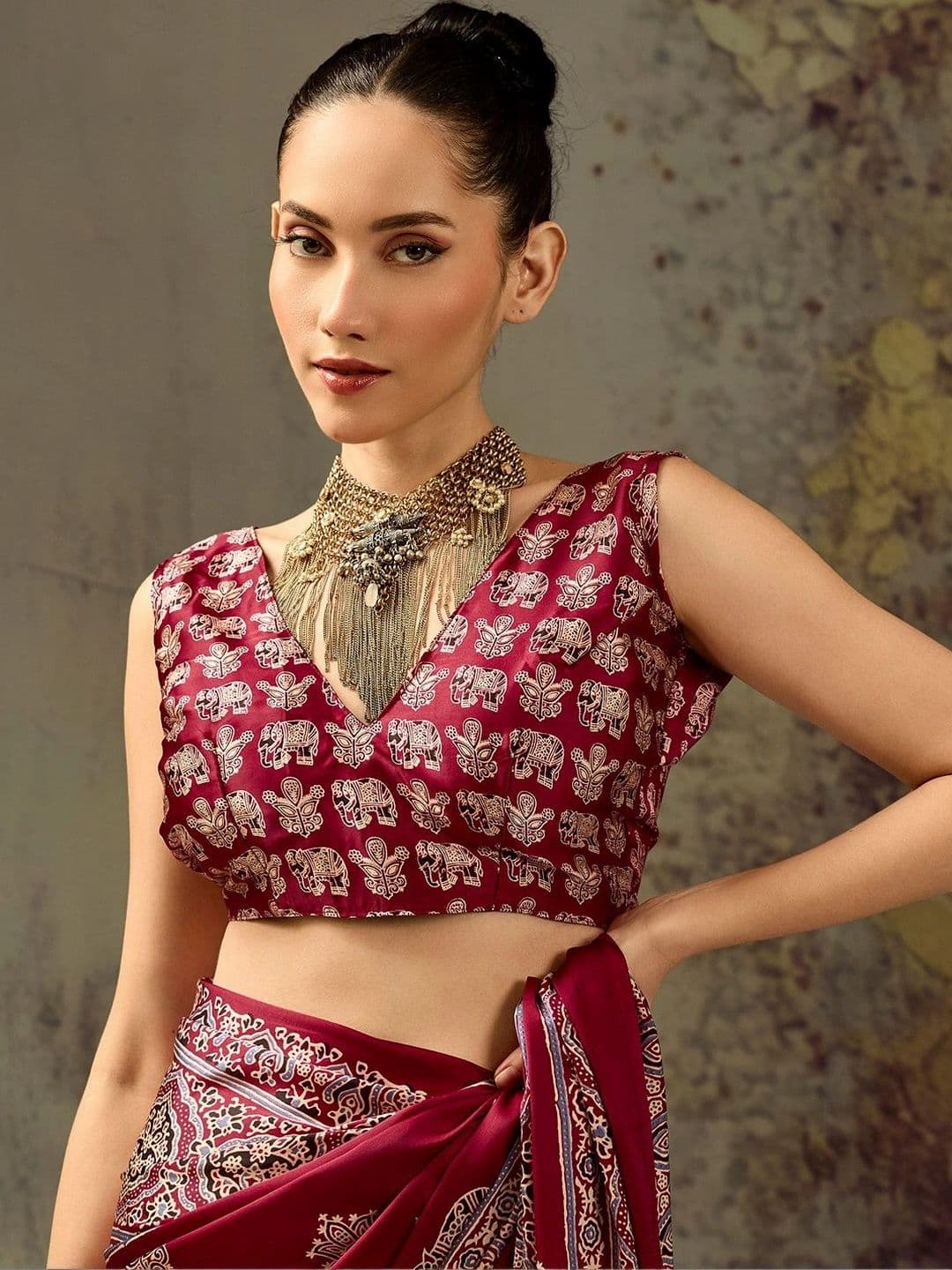Sangria Embroidered Satin Designer Block Print Saree thumbnail 7