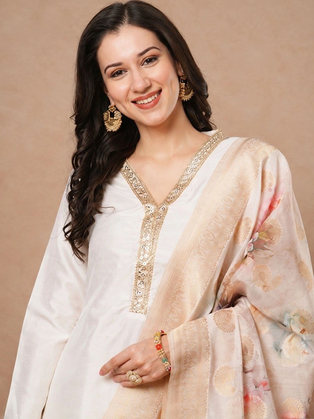 KALINI Women Floral Regular Sequinned Kurta with Trousers & With Dupatta thumbnail 2