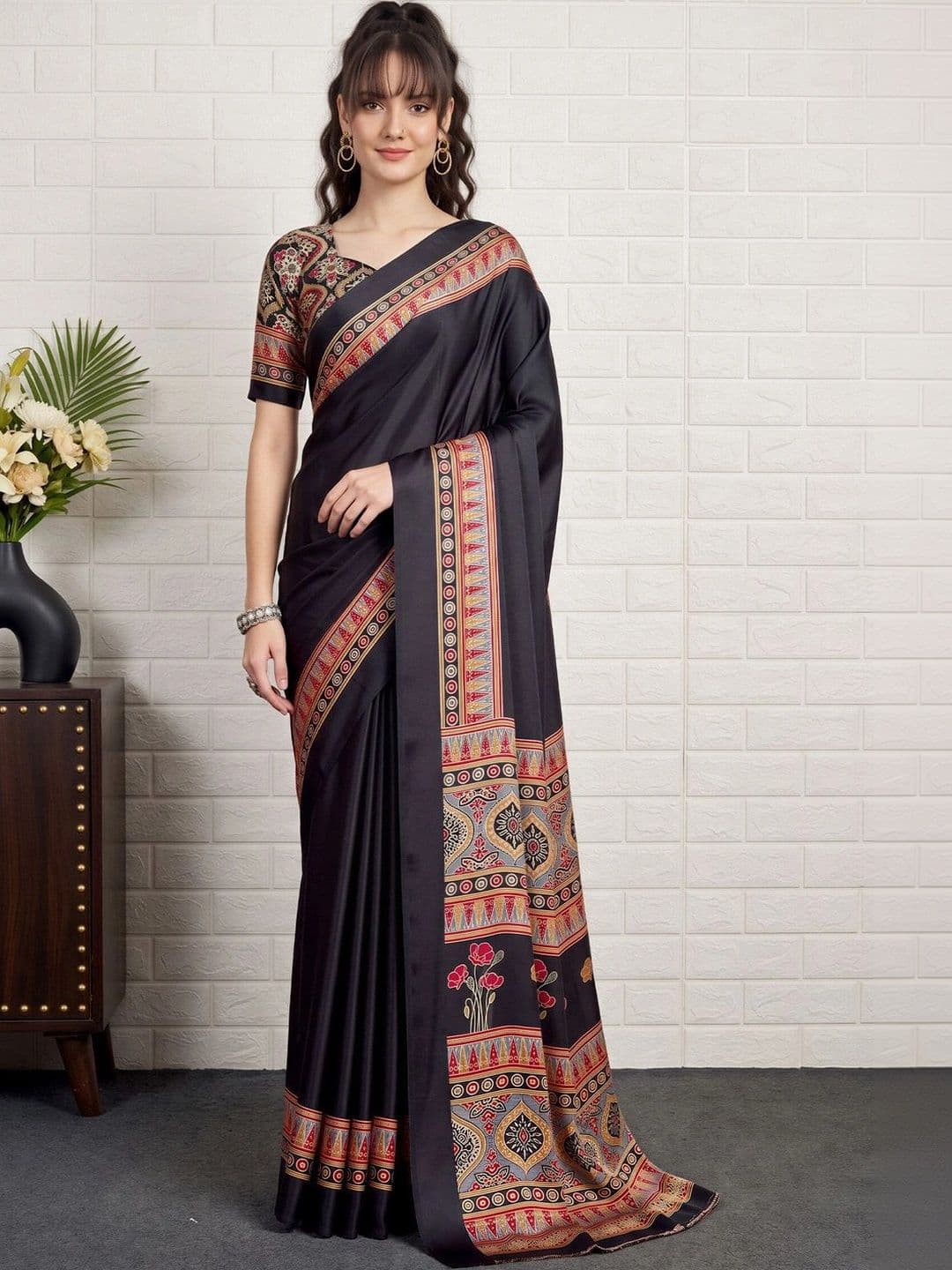 Anouk Warli Satin Designer Block Print Saree - view 1