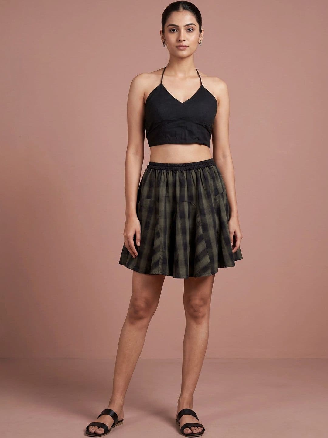 Hive91 Women Pure Cotton Checked Mini Flared Skirt - view 1
