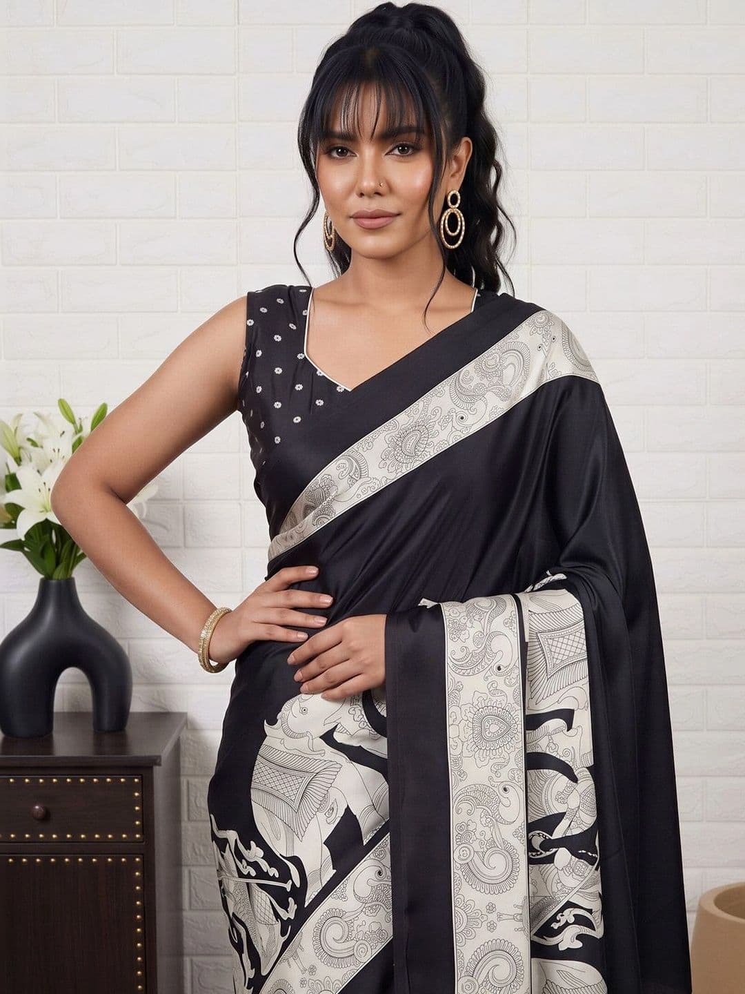 Anouk Kalamkari Satin Designer Banarasi Saree thumbnail 3