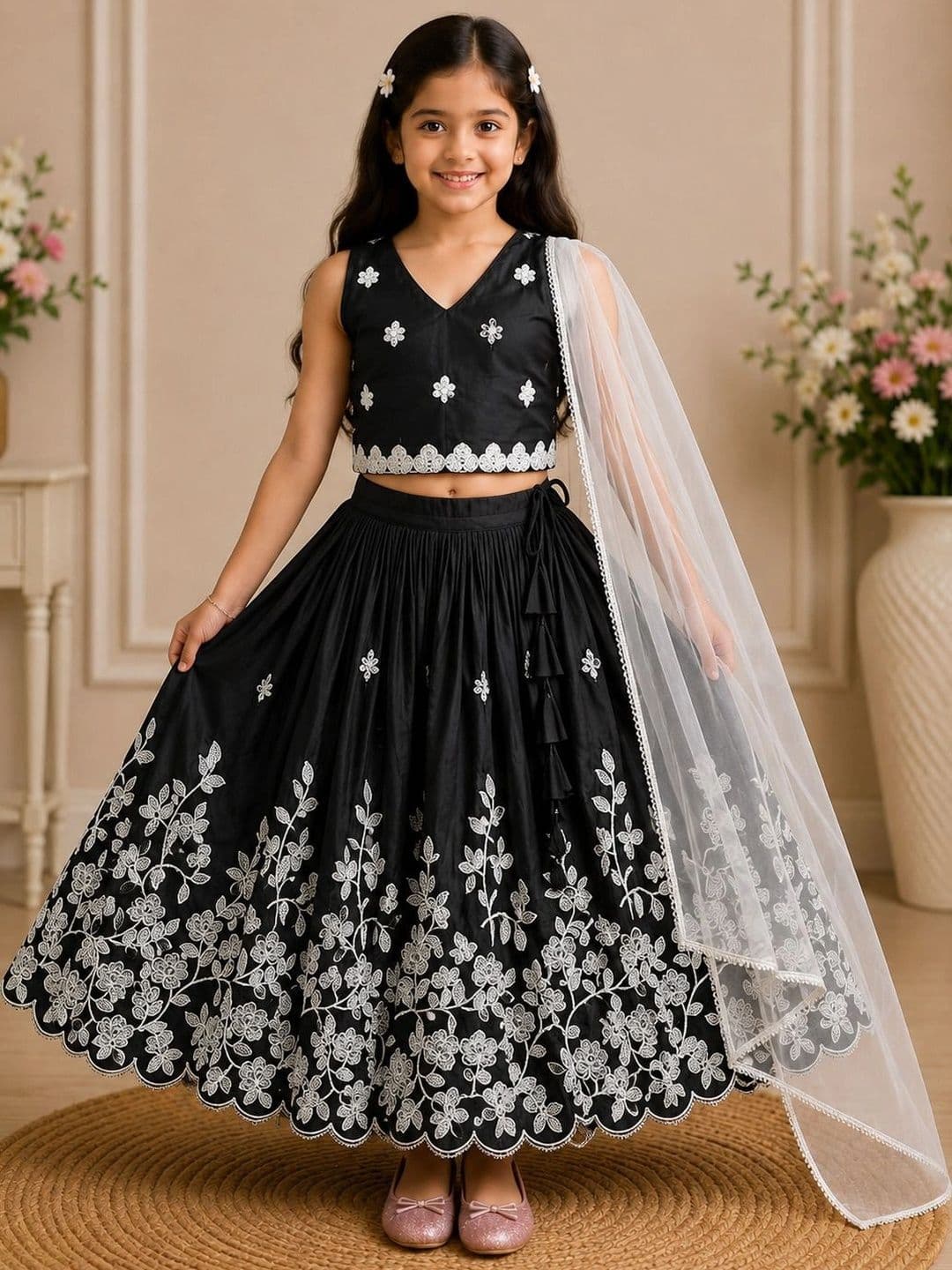 KALINI Girls Embroidered Thread Work Ready to Wear Lehenga & Blouse With Dupatta - view 1