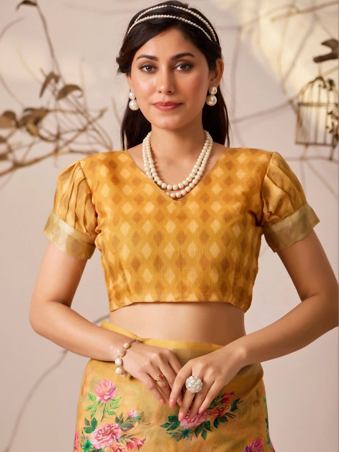 Moda Rapido Floral Zari Linen Blend Designer Saree thumbnail 4
