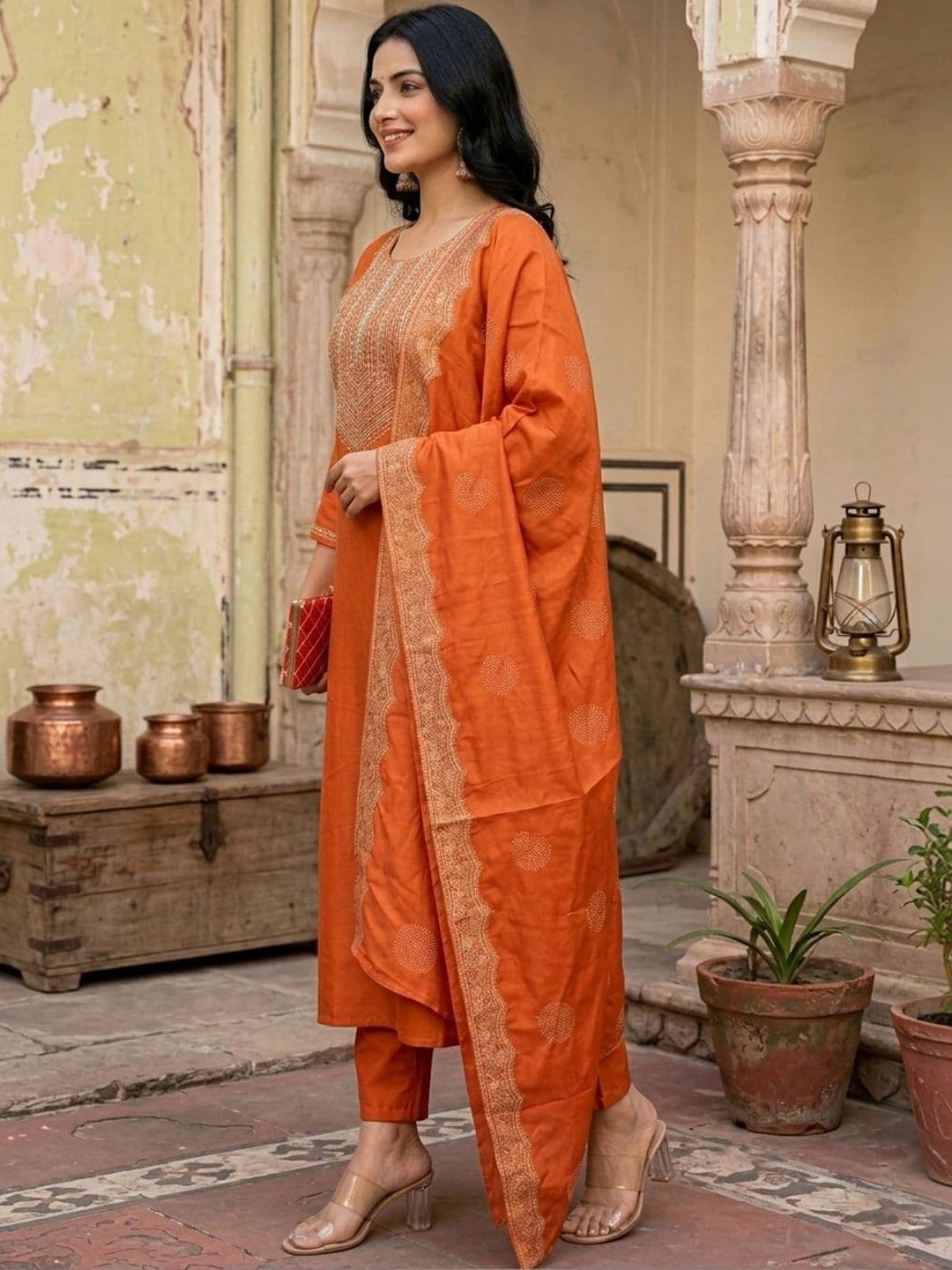 Sangria Embroidered  Round Neck Kurta & Trousers With Dupatta thumbnail 3