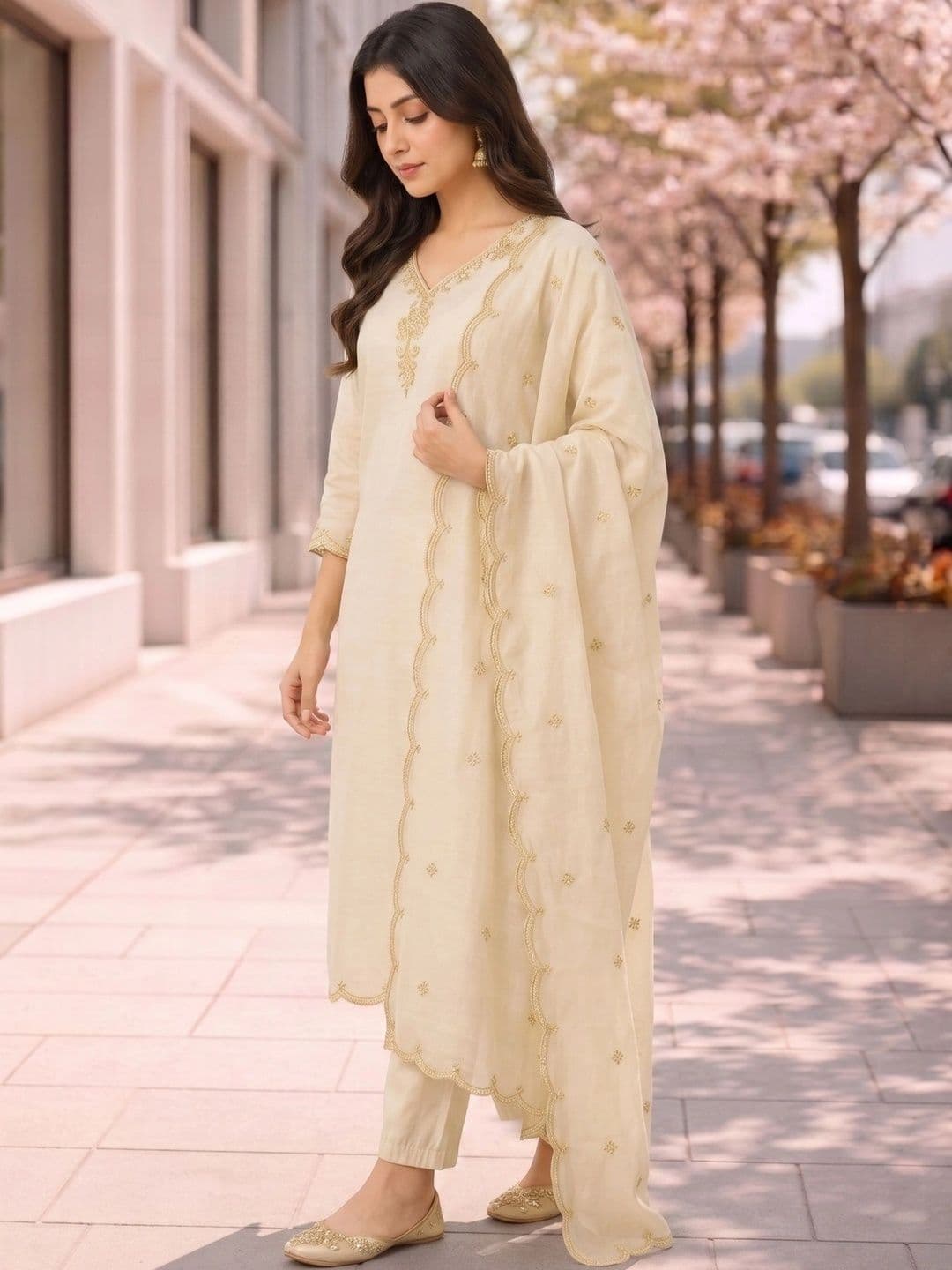 J MOGAL Women Ethnic Motifs Embroidered Kurta with Trousers & With Dupatta thumbnail 3
