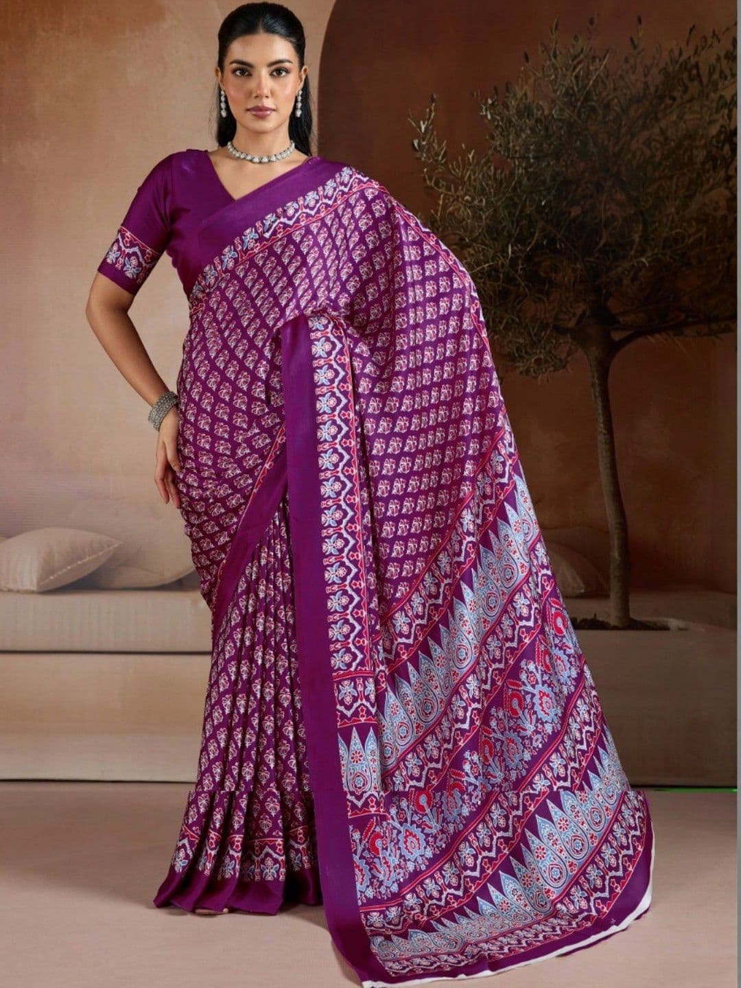 Moda Rapido Ajrak Block Satin Designer Saree - view 1