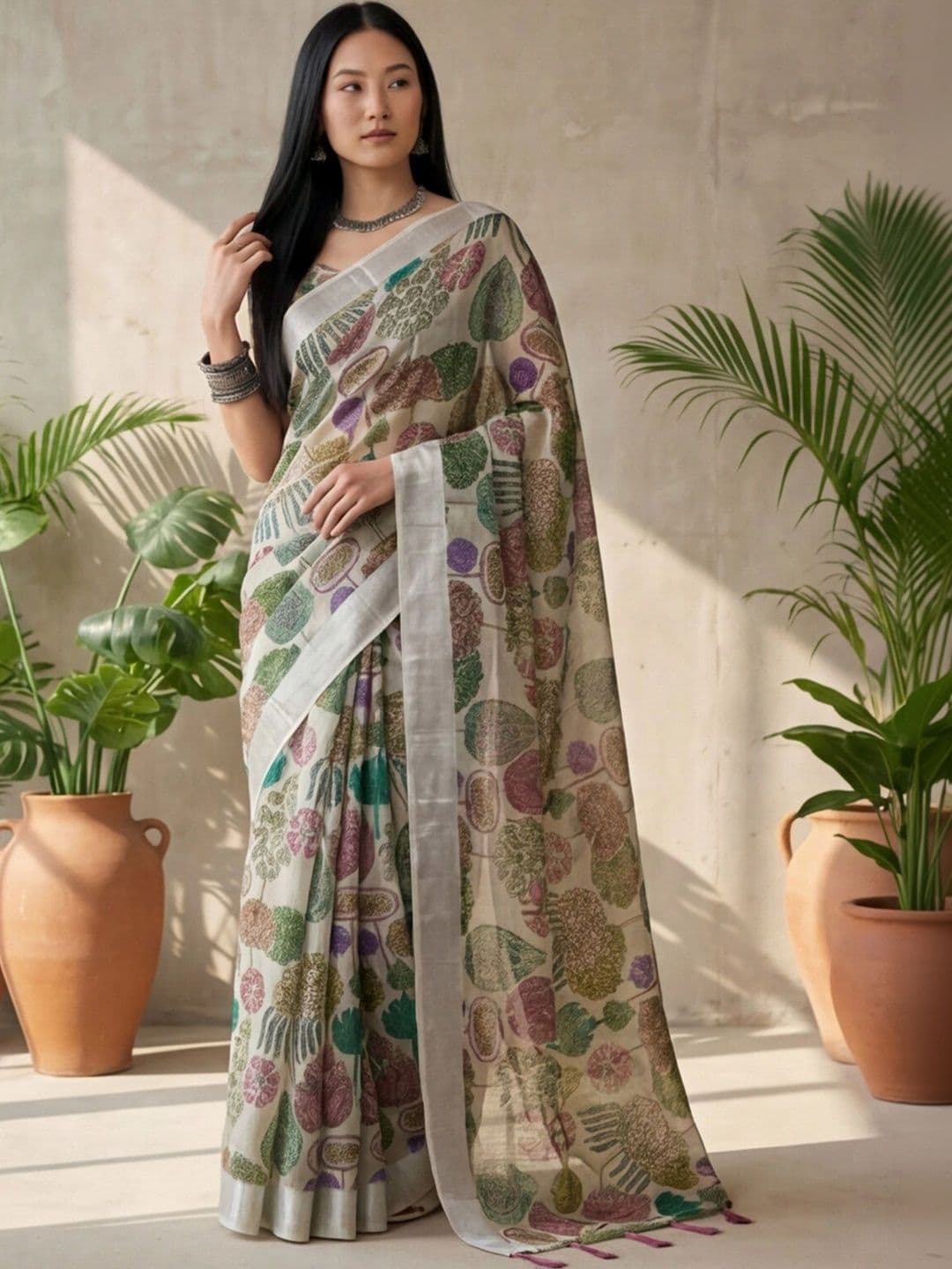 Anouk Rustic Floral Zari Pure Linen Designer Khadi Saree thumbnail 4