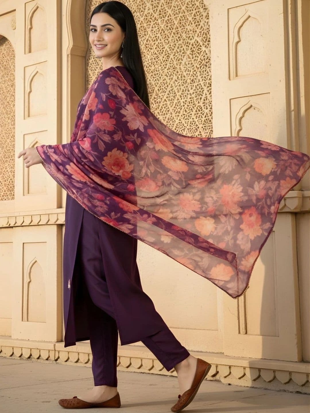 HERE&NOW Women Floral Embroidered Regular Thread Work Kurta with Trousers & With Dupatta thumbnail 3