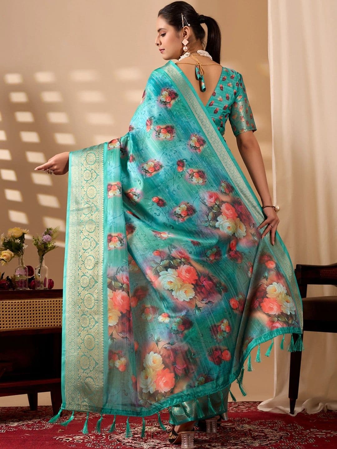 Moda Rapido Floral Zari Silk Blend Designer Saree thumbnail 7